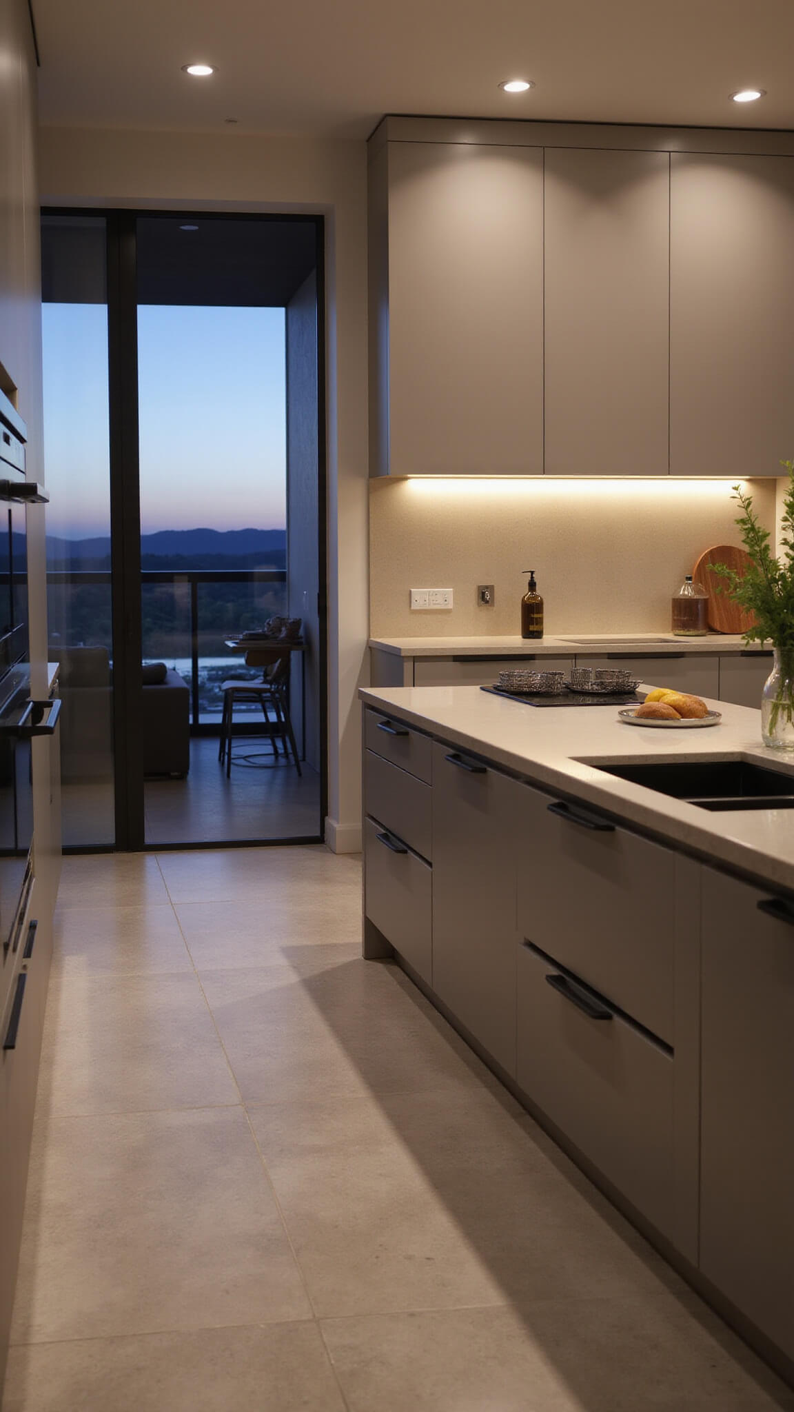 Contemporary taupe kitchen with flat-panel cabinets, matte black hardware, and warm LED lighting in a serene dusk setting.