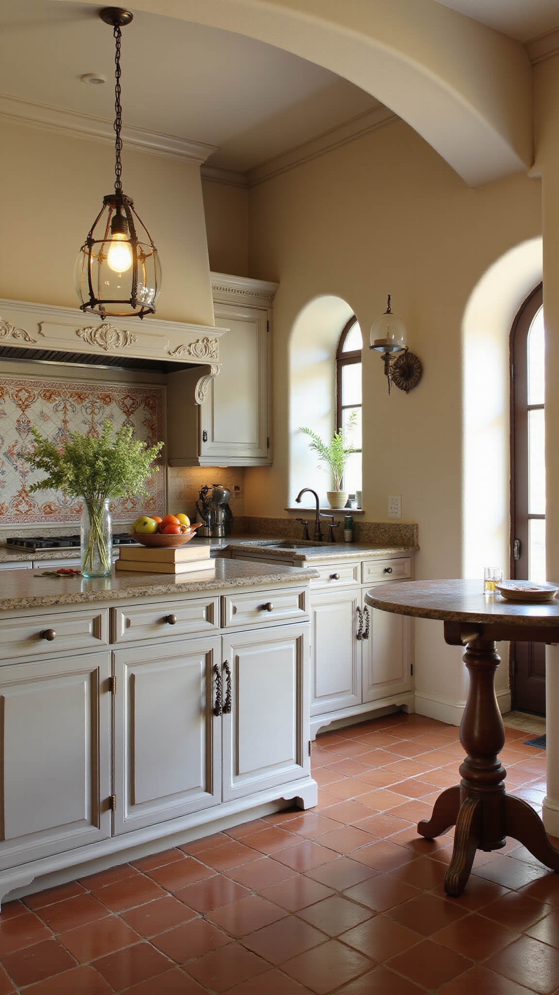 Mediterranean-style kitchen with arched doorways, taupe carved cabinets, terracotta floors, handpainted tile backsplash, and copper fixtures under warm romantic lighting.
