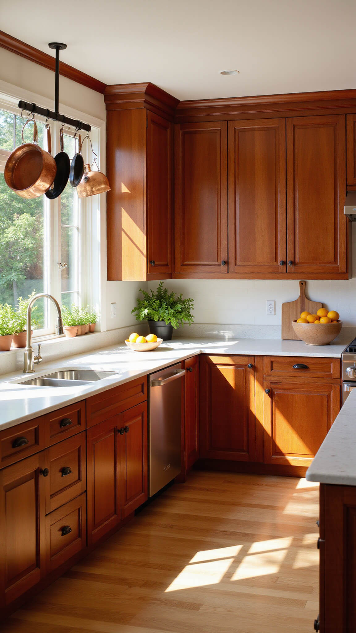 Warm sunlit kitchen with cherry wood cabinets, white quartz countertops, and center island, featuring copper cookware, stainless appliances, and rustic décor.