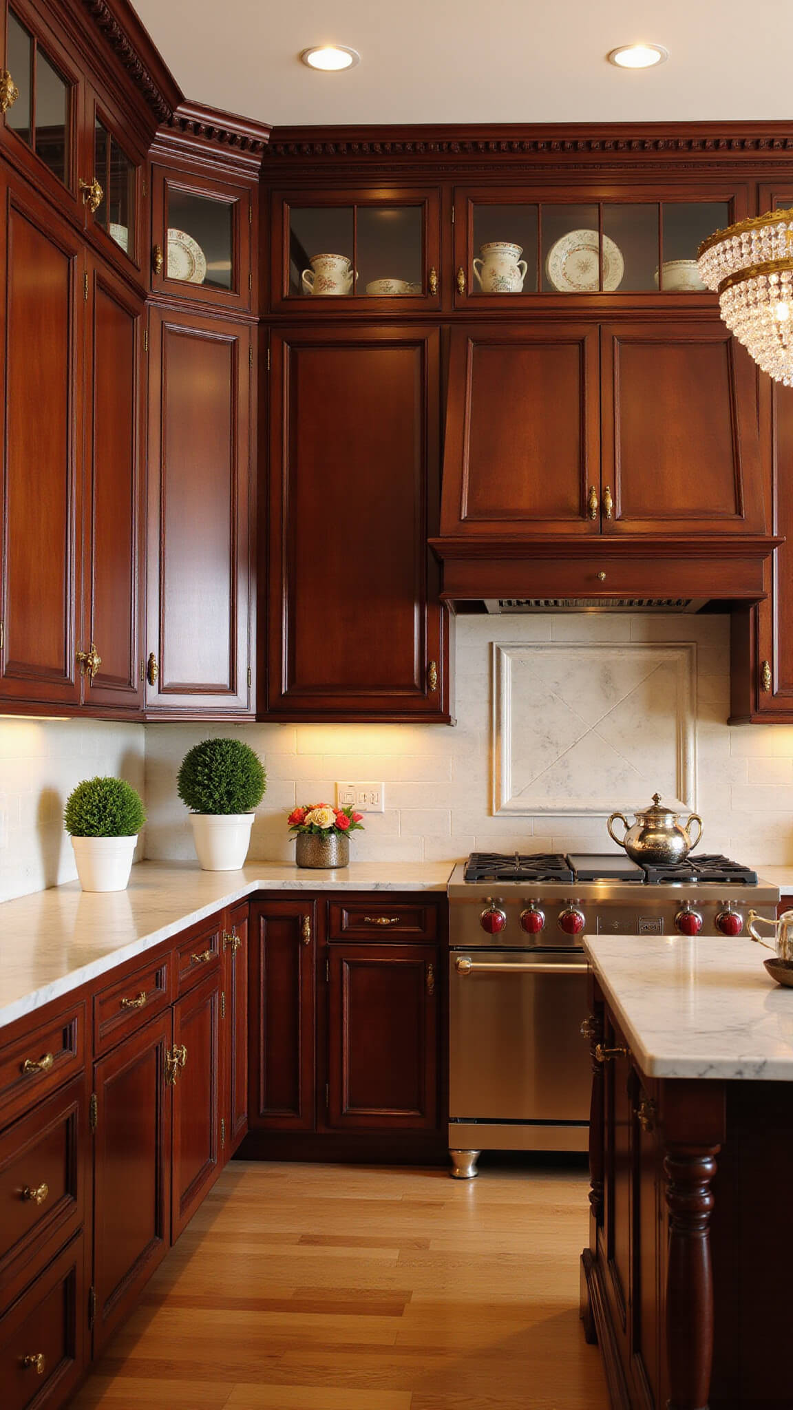 Traditional 10x12ft cherry kitchen at golden hour with Carrara marble countertops, glass-front cabinets displaying vintage china, antique brass hardware, and dramatic side lighting highlighting ornate details.
