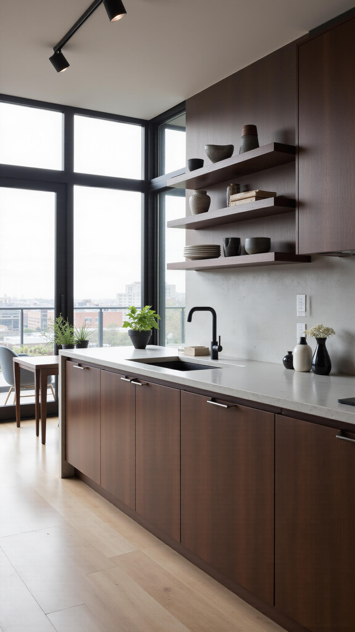 Modern open-concept kitchen with dark cherry cabinets, pale grey concrete countertops, and floor-to-ceiling windows showcasing urban view in late afternoon light.