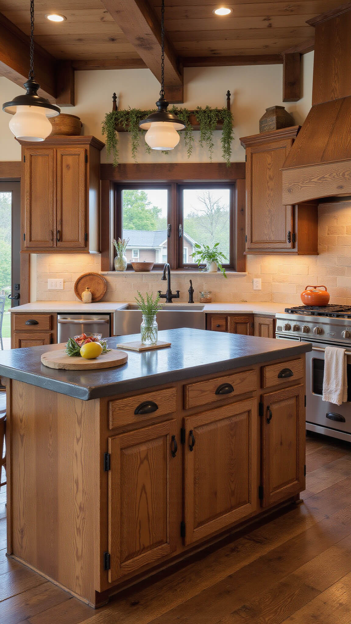 Rustic 14x16ft farmhouse kitchen at dusk with distressed cherry cabinets, reclaimed wood island with zinc top, exposed wooden beams, and warm lighting from iron pendant lamps.