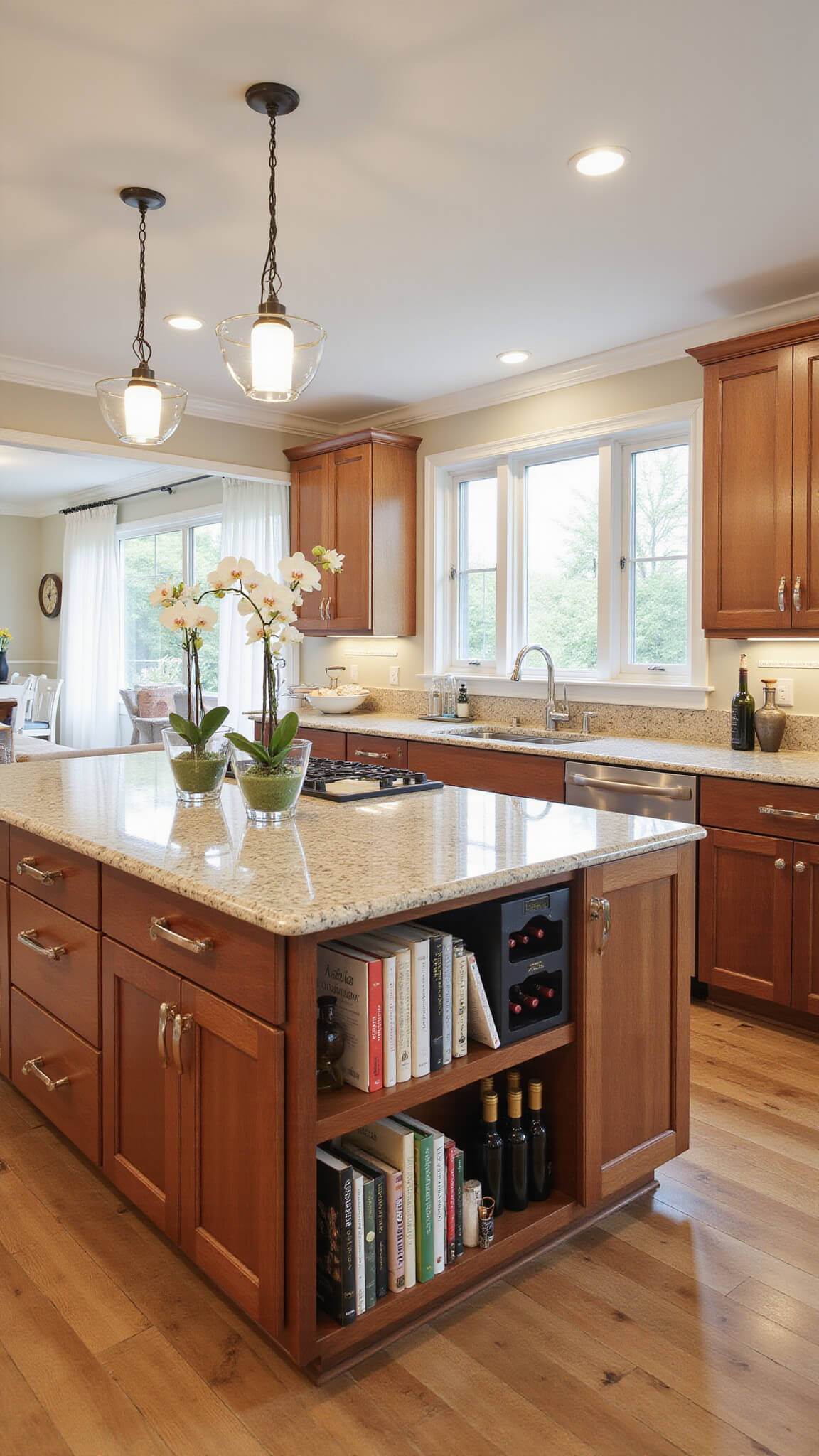 Sunlit transitional 16x18ft kitchen with cherry and mahogany cabinets, quartzite countertops, polished nickel hardware, large island with wine storage, and elegant decor elements.
