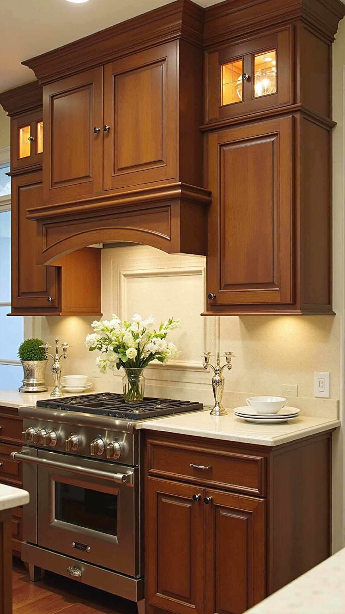 Elegant twilight kitchen with cherry cabinets, cream limestone countertops, and champagne bronze fixtures.
