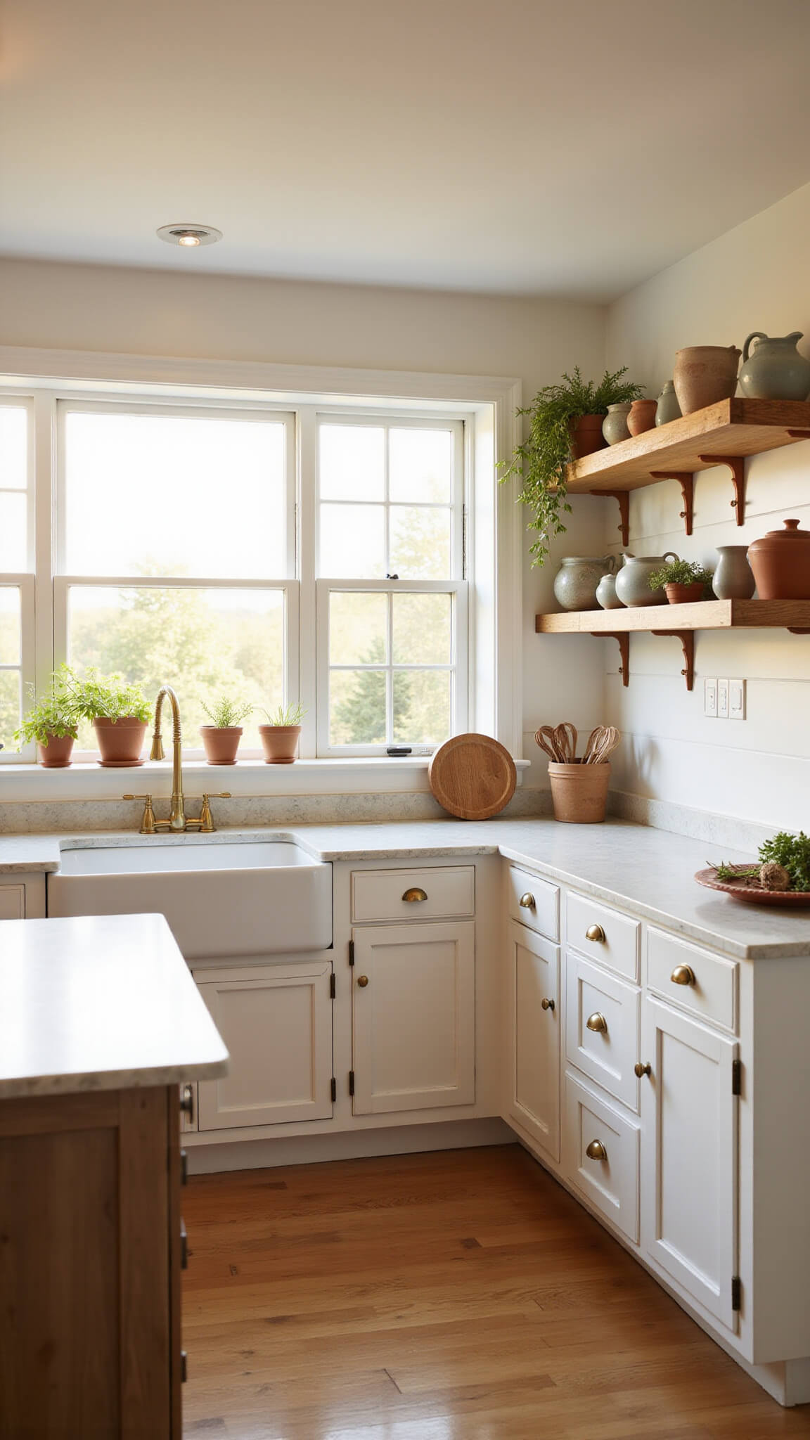 Sunlit farmhouse kitchen with white shaker cabinets, marble island, open shelving, and hardwood floors at golden hour.
