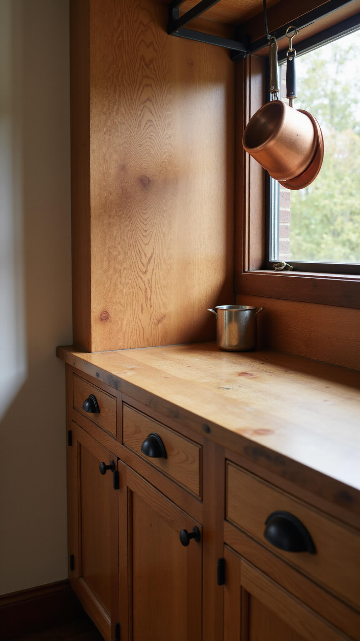 Close-up of oak cabinet corner in morning light with matte black hardware, butcher block countertop, and vintage copper cookware hanging above.