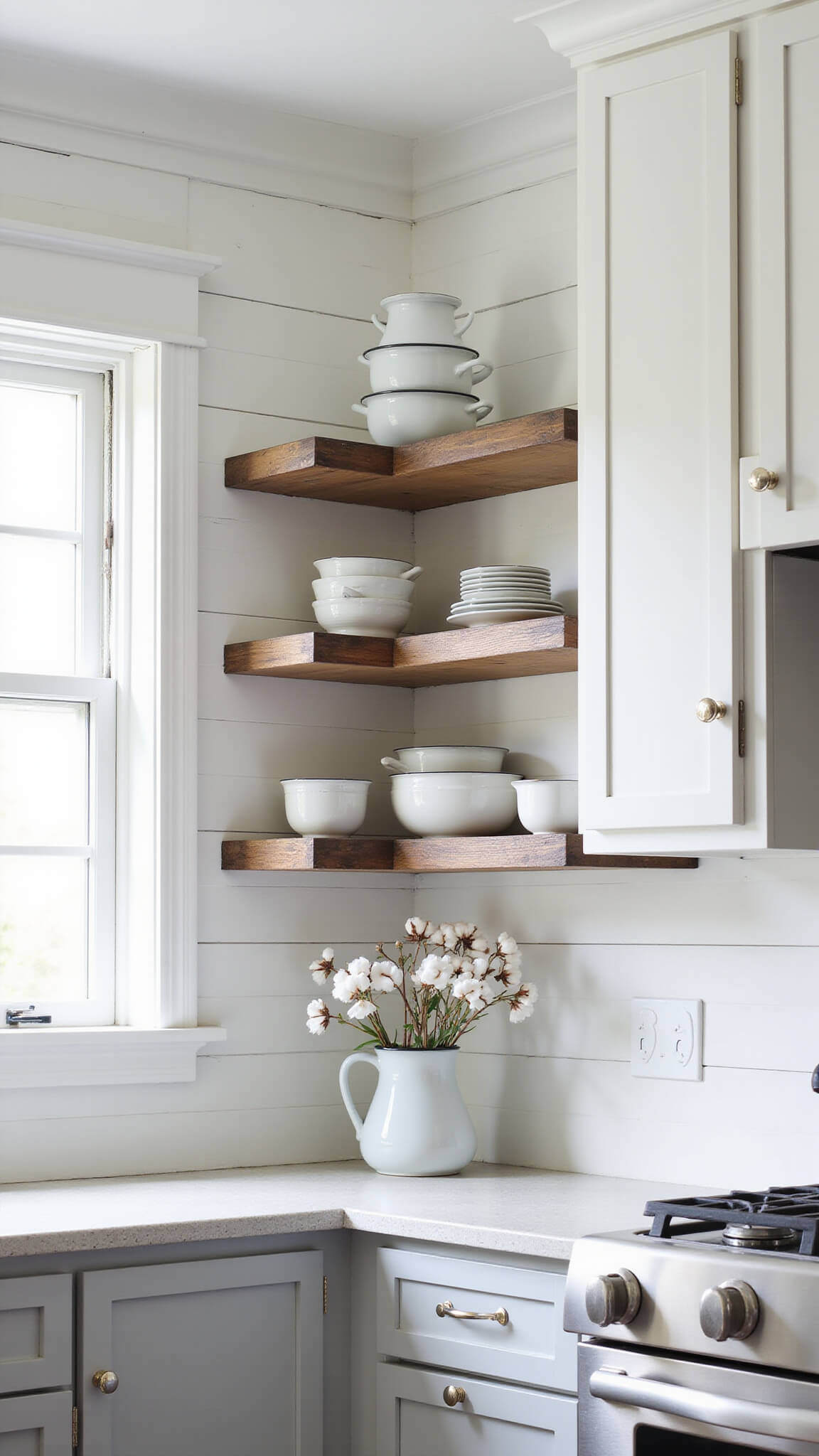 Bright kitchen corner with floating reclaimed wood shelves displaying vintage enamelware against a white shiplap wall, framed by white upper cabinets and pale gray lowers, with sunlight casting natural shadows and cotton stems in an ironstone pitcher adding softness.
