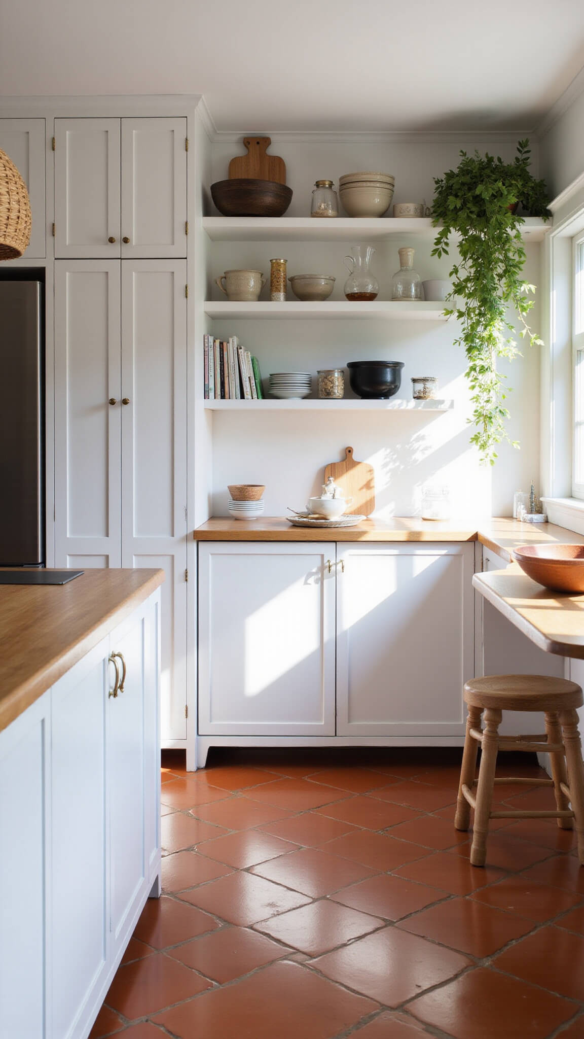 Cozy kitchen corner with white cabinets, open shelving, butcher block island, terracotta tile floor, and morning light filtering through woven pendant light.