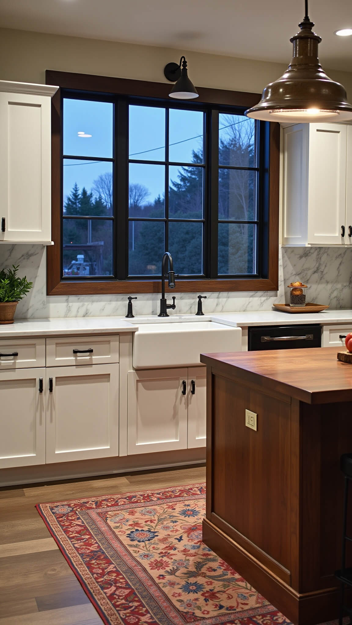 Evening kitchen with white cabinets, natural wood island, black steel windows, vintage rug, marble backsplash, copper accents, and industrial sconces.