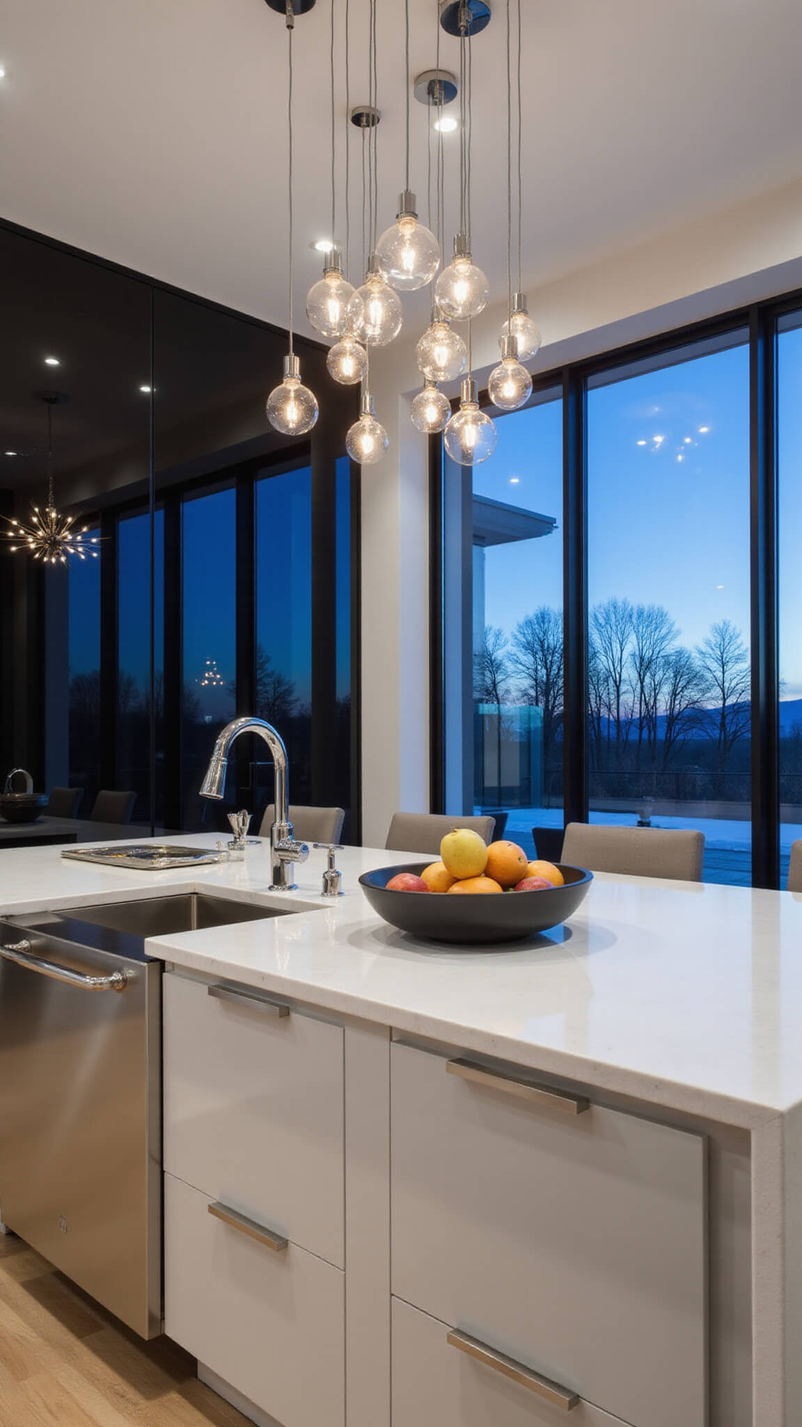 Contemporary open-concept kitchen with twilight lighting, black cabinets, white waterfall island, chrome fixtures, and glass pendants, viewed from above.