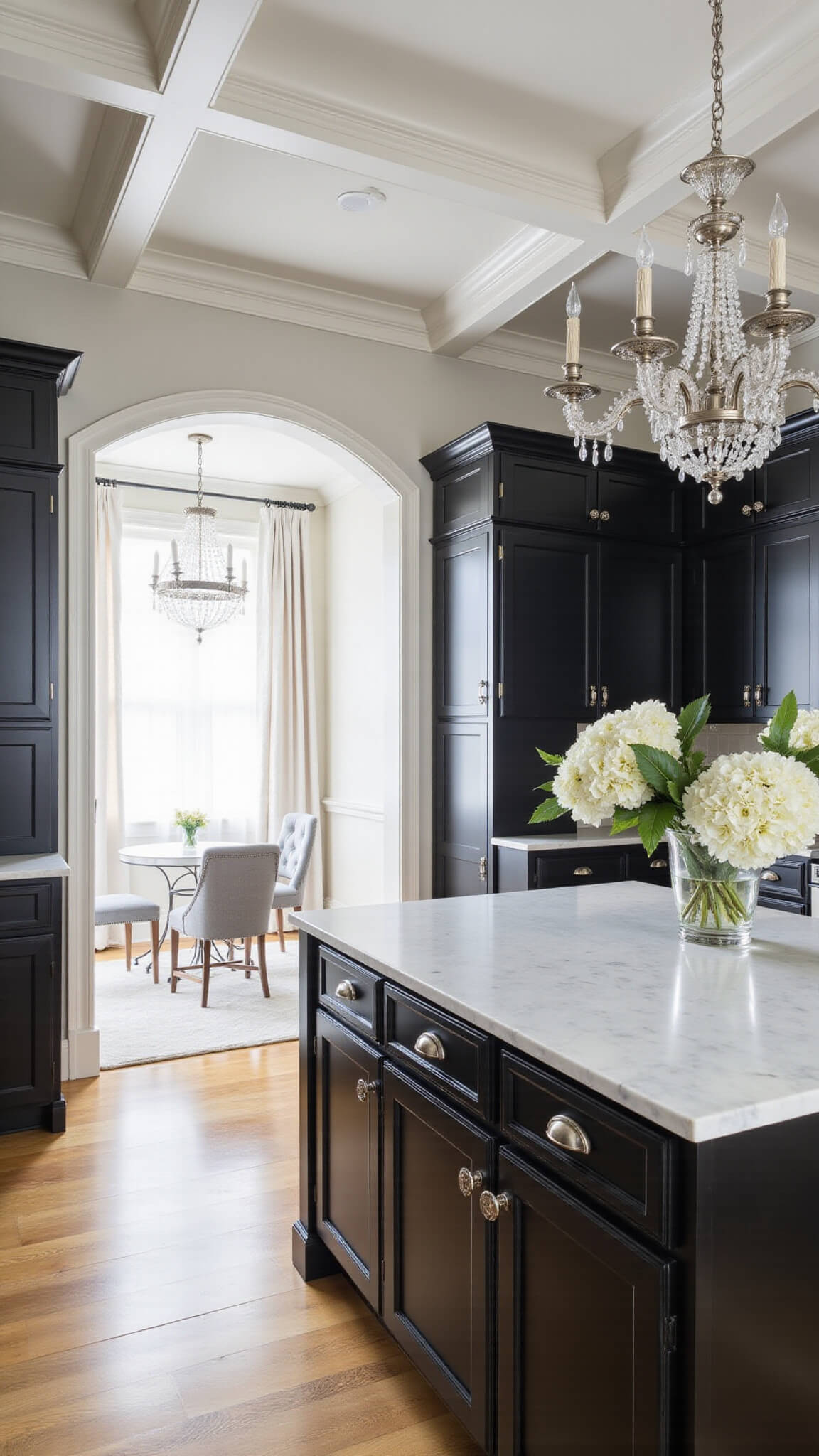 Elegant transitional kitchen with coffered ceiling, black cabinets, white marble island, crystal chandelier, and silver accents in mid-day light.