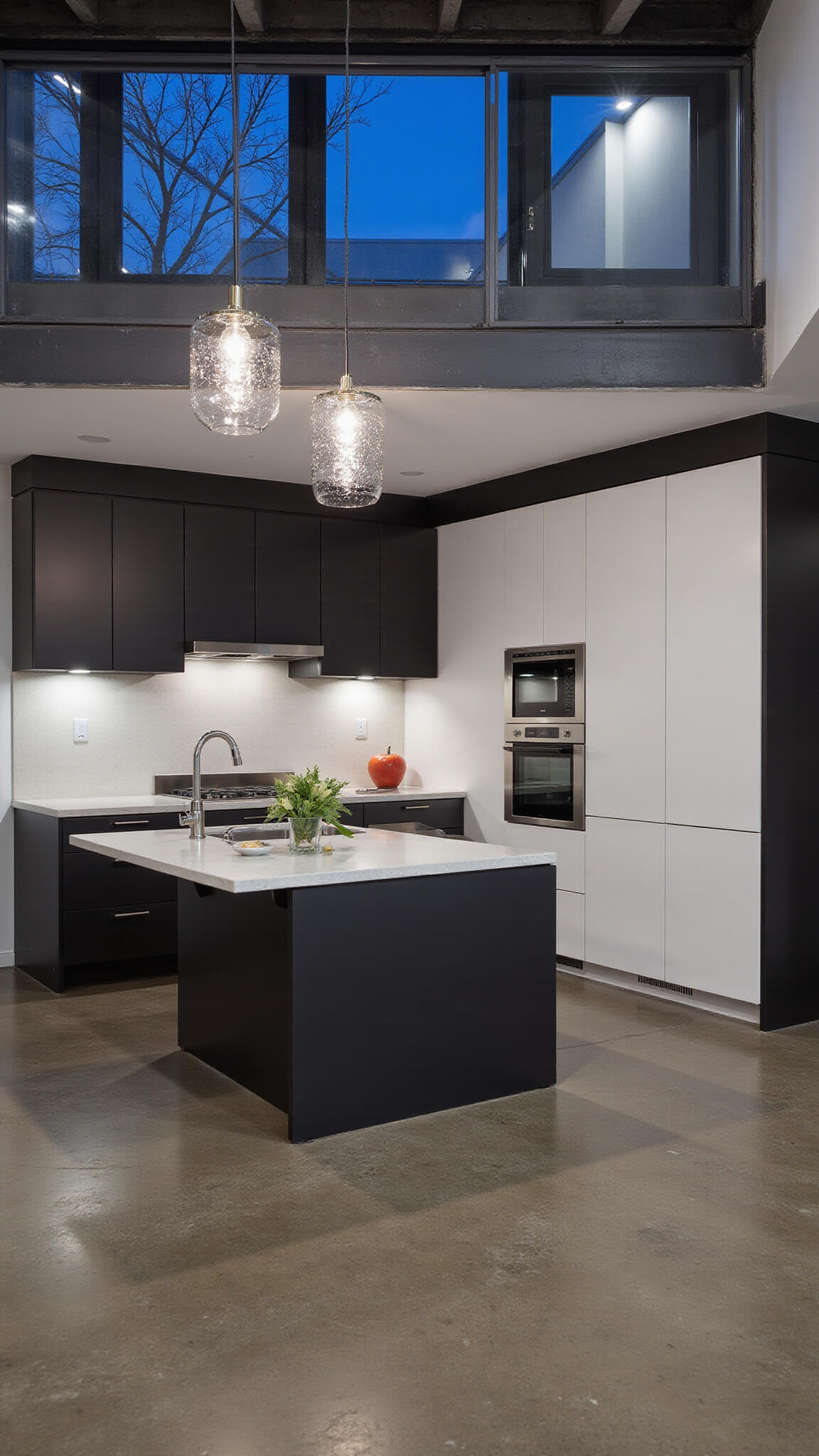 Urban loft kitchen with polished concrete floors, matte black and white cabinetry, industrial lighting, and steel-framed windows, viewed from mezzanine.