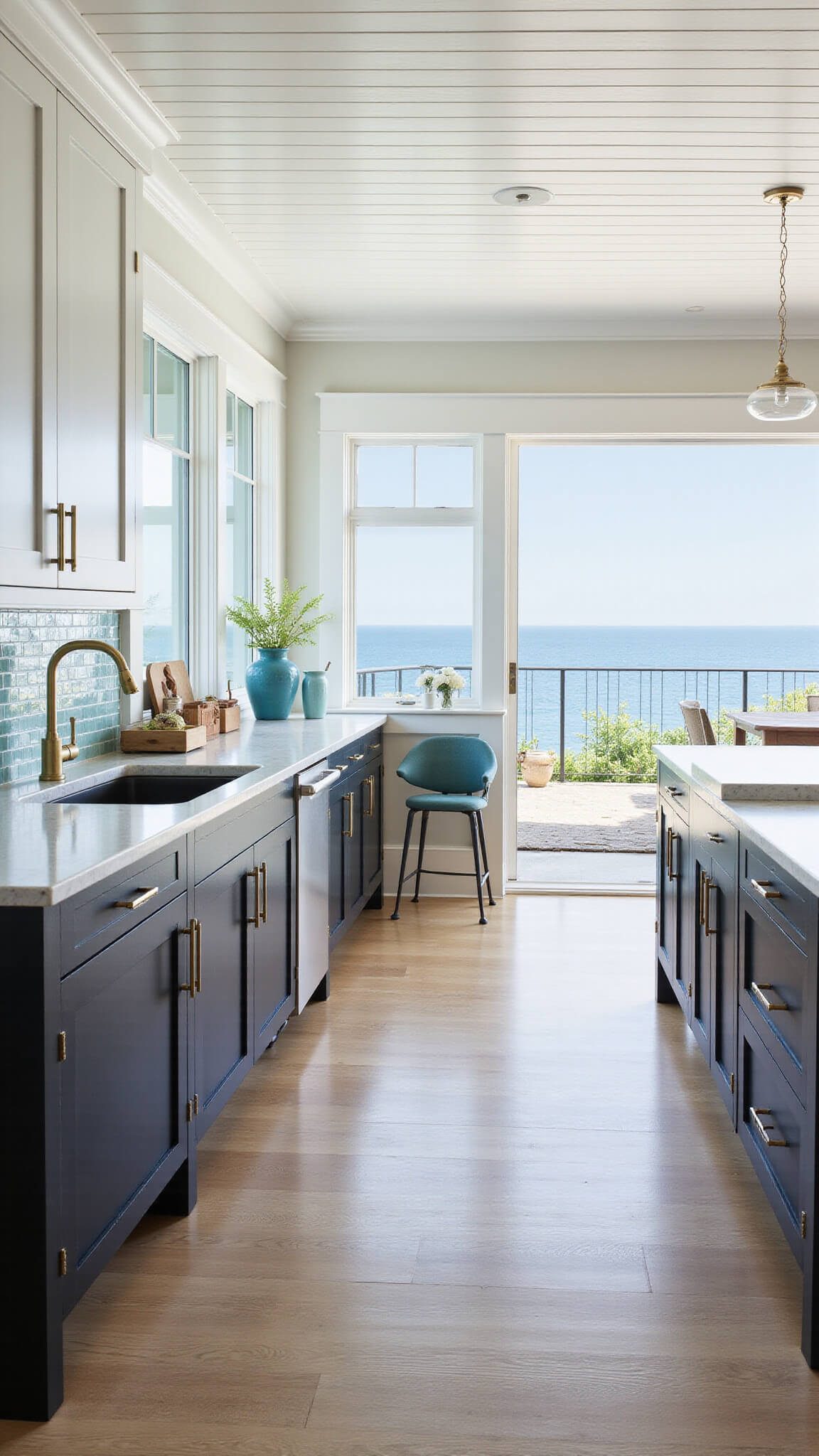 Coastal modern kitchen with black lower cabinets, white uppers, brass hardware, and ocean view through panoramic windows in bright morning light.
