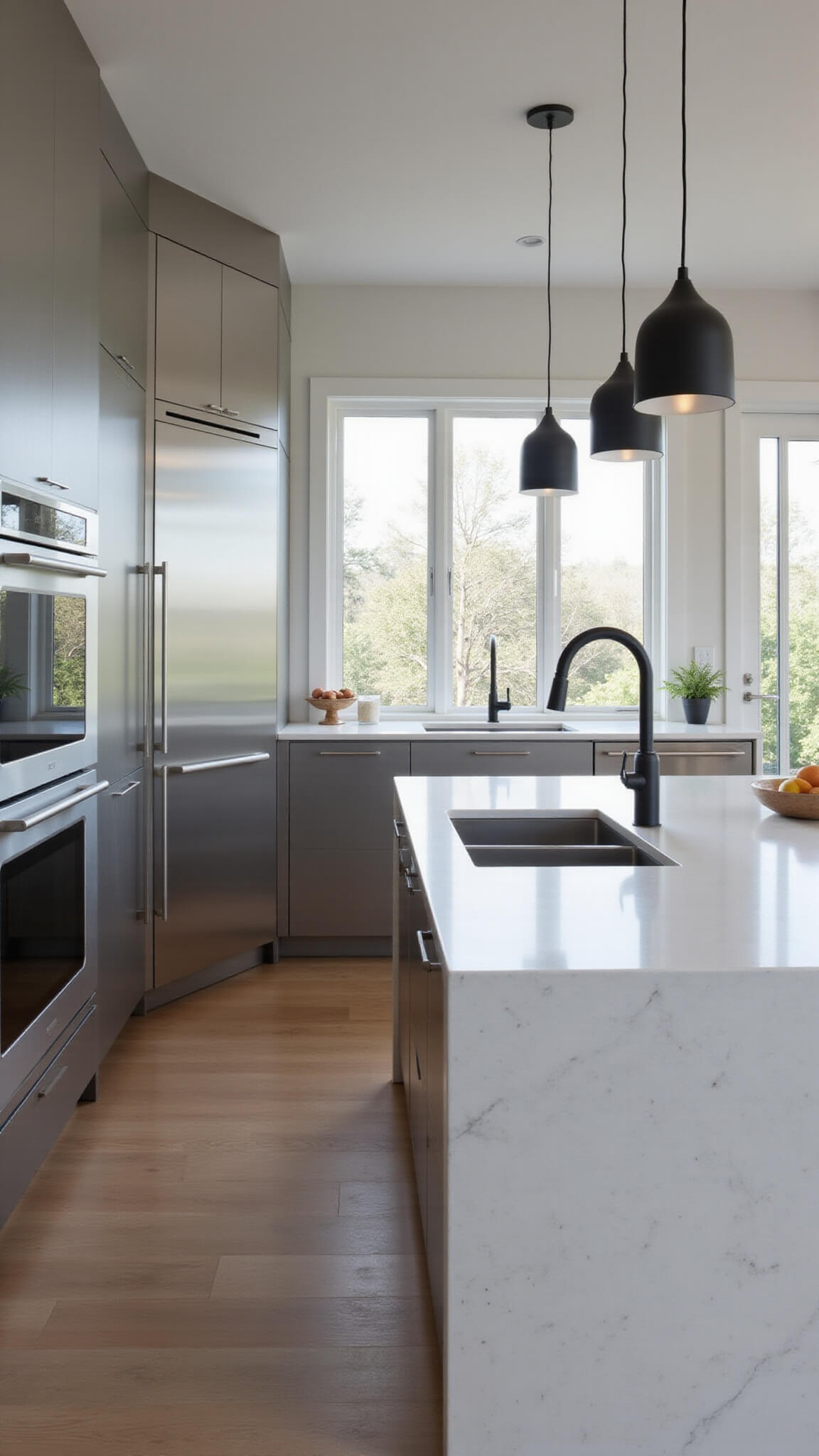 Modern kitchen with brushed silver aluminum cabinets, arctic white quartz island, stainless steel appliances, and floor-to-ceiling windows in warm afternoon light.