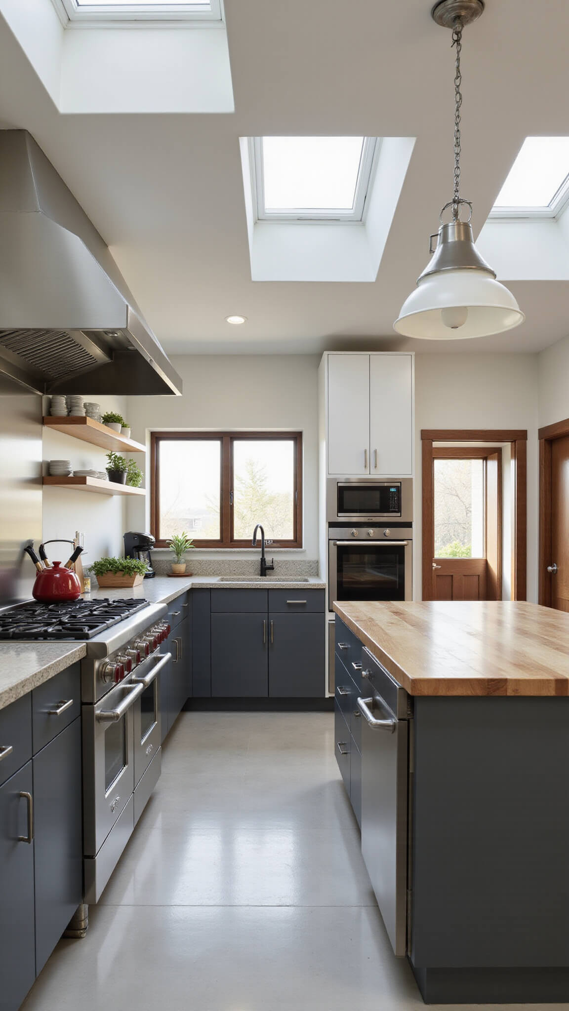 Modern commercial-style home kitchen with two-tone aluminum cabinets, butcher block island, pro-grade range, and skylights casting morning light on metallic surfaces, viewed from above the island.
