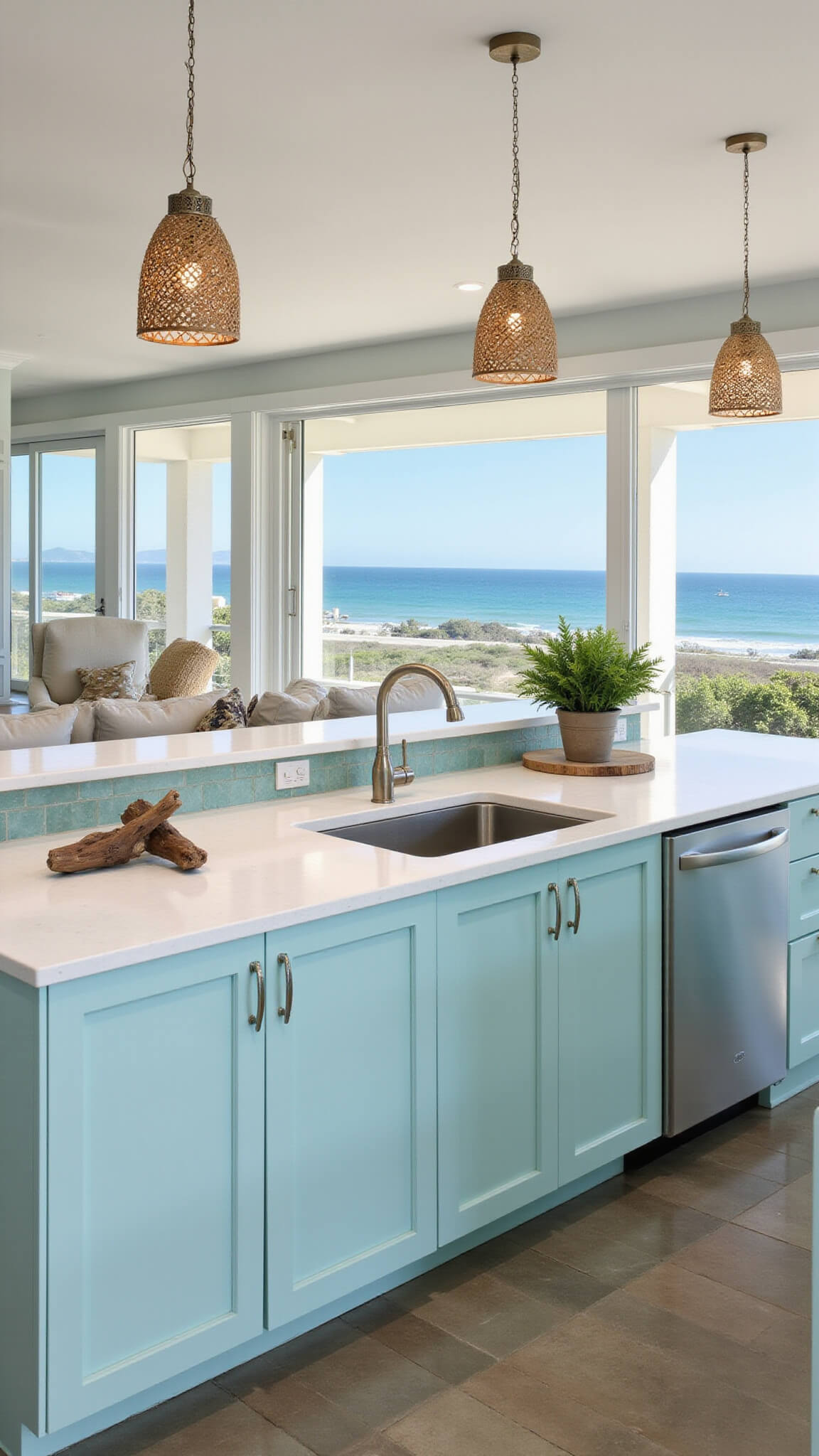 Beach house kitchen with turquoise cabinets, white quartz countertops, glass tile backsplash, rattan pendant lights, and panoramic ocean views in bright sunlight.