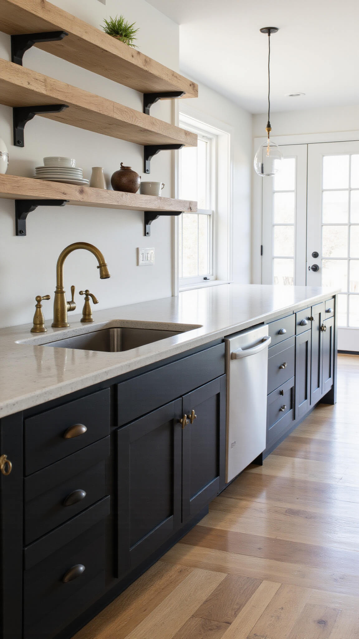 Contemporary farmhouse kitchen with matte black lower cabinets, weathered wood shelves, concrete countertops, and aged brass fixtures, lit by soft morning light through French doors.