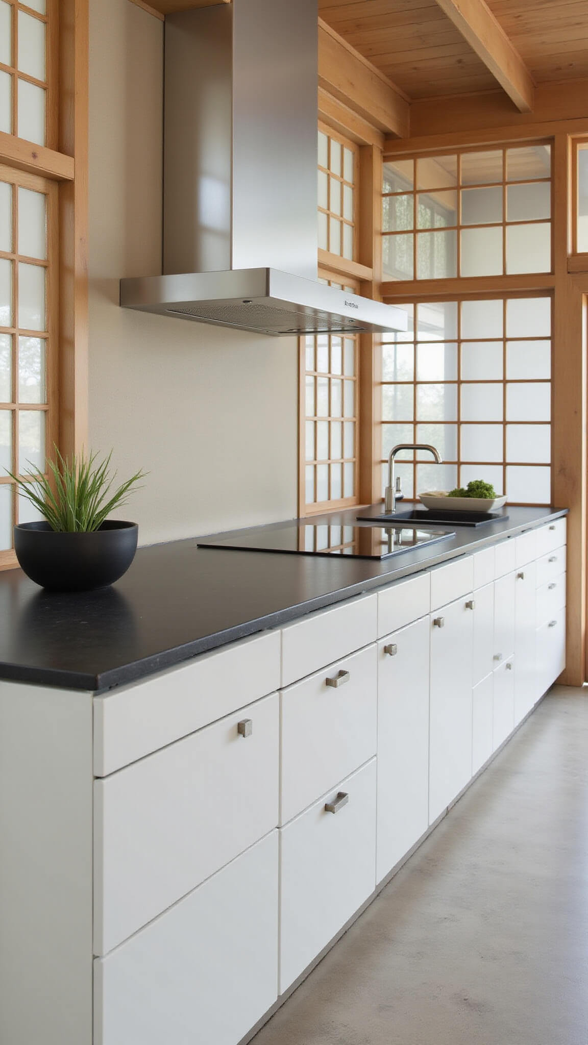 Minimalist Zen kitchen with white aluminum cabinets, pale ash wood accents, black stone countertops, and bamboo details, lit by soft natural light through shoji screens.