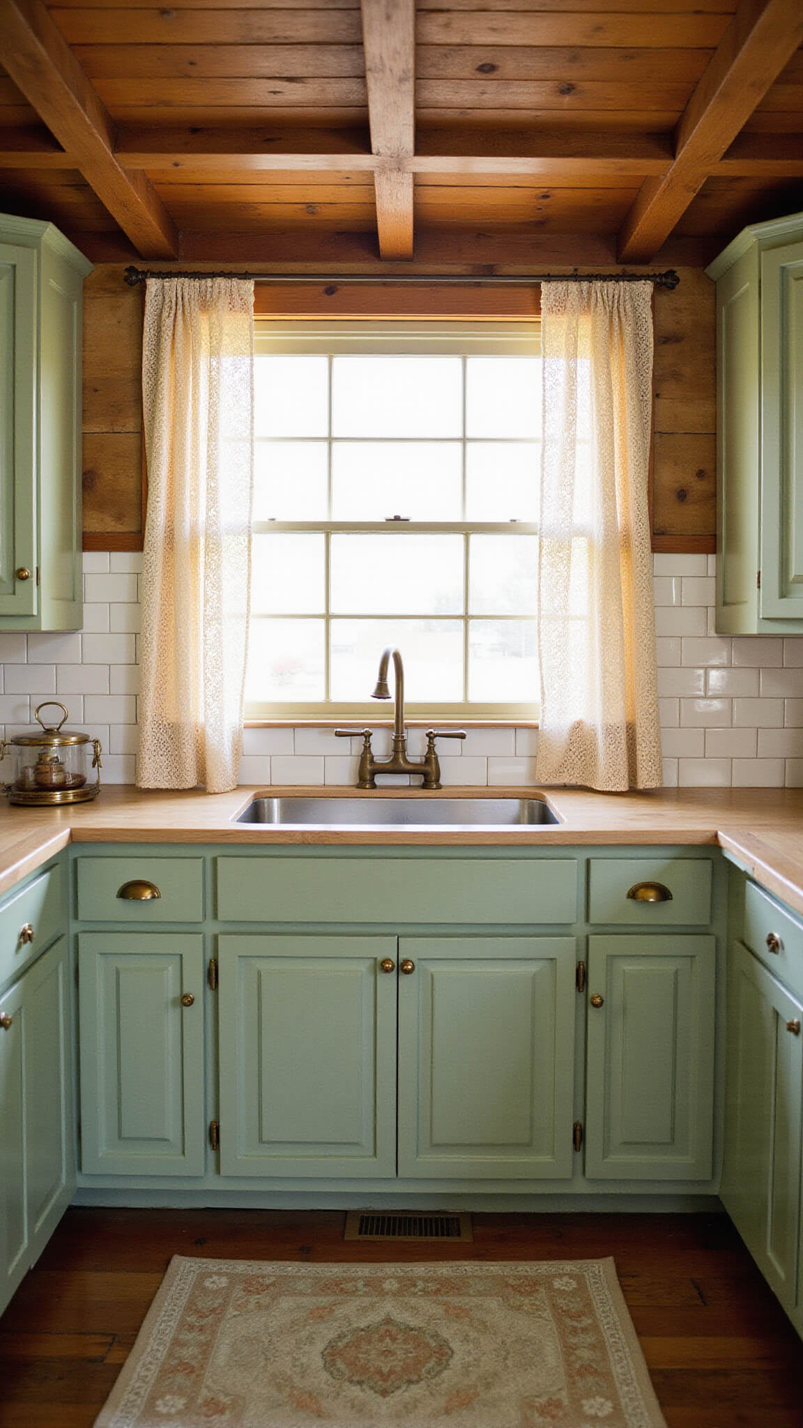 Country kitchen with sage green Shaker cabinets, antique brass hardware, exposed beams, and Belfast sink under window with lace curtains at golden hour.