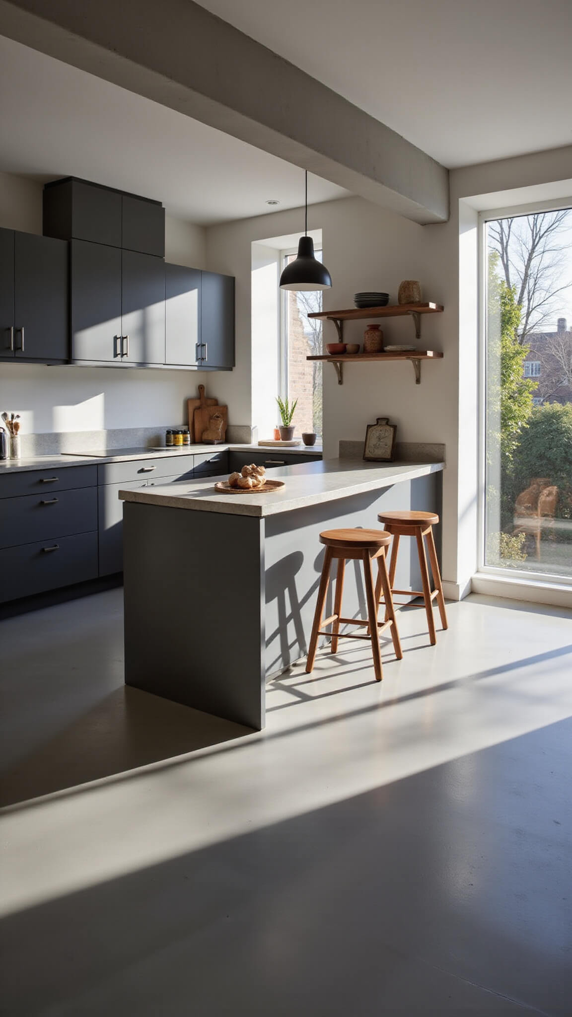 Contemporary minimalist kitchen with graphite Shaker cabinets, concrete countertops, waterfall island with Scandinavian stools, and floor-to-ceiling windows in soft afternoon light.