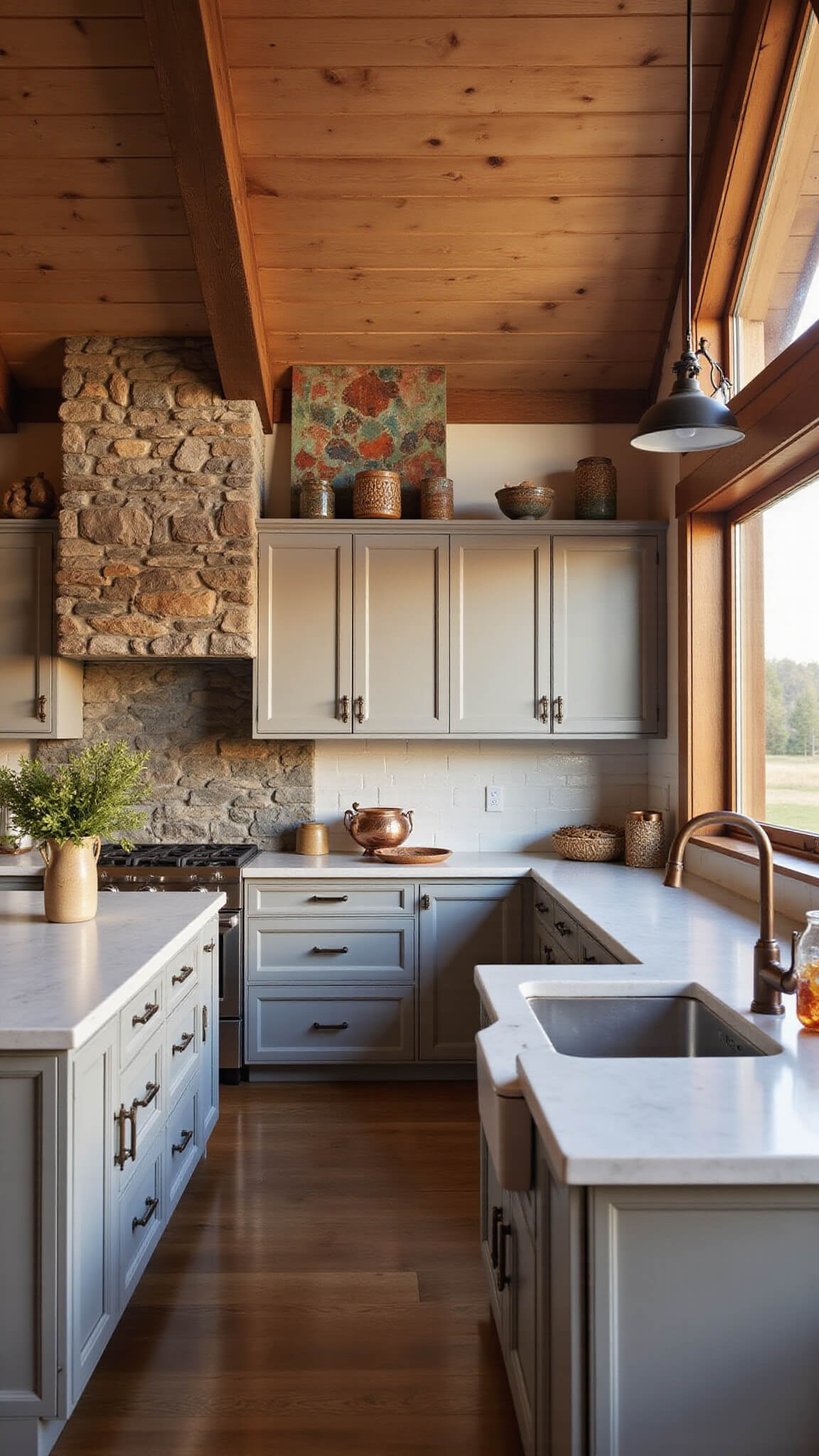 Modern rustic mountain kitchen with grey-washed Shaker cabinets, timber beams, stone accent wall, and copper fixtures at sunset.