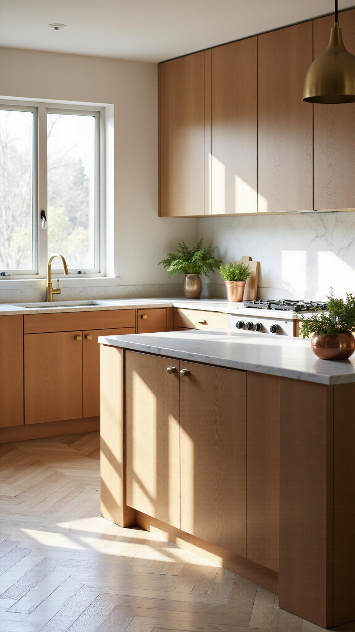 Contemporary 12x15ft kitchen with beige Shaker cabinets, marble island, herringbone white oak floors, and morning sunlight through floor-to-ceiling windows.