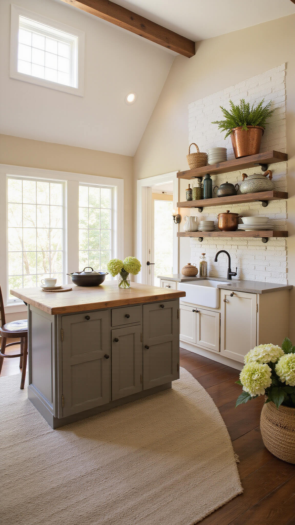 Transitional farmhouse kitchen with vaulted ceiling, exposed beams, matte beige cabinets, taupe island with butcher block top, and warm golden hour lighting highlighting vintage decor and open shelving.
