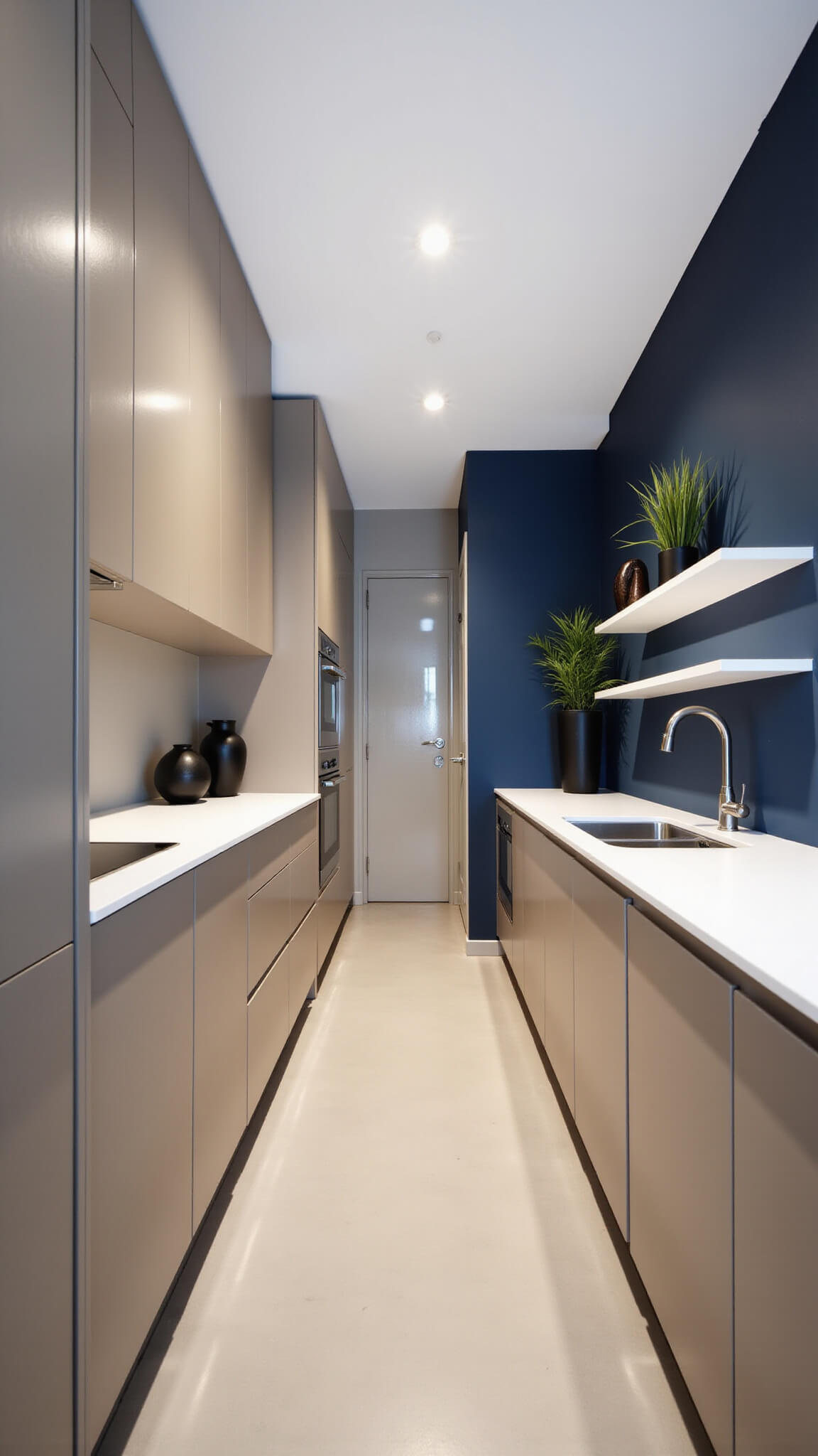 Modern minimalist 8x16ft galley kitchen with beige high-gloss cabinets, navy accent wall, white quartz countertops, recessed LED evening lighting, and sleek decorative accents.