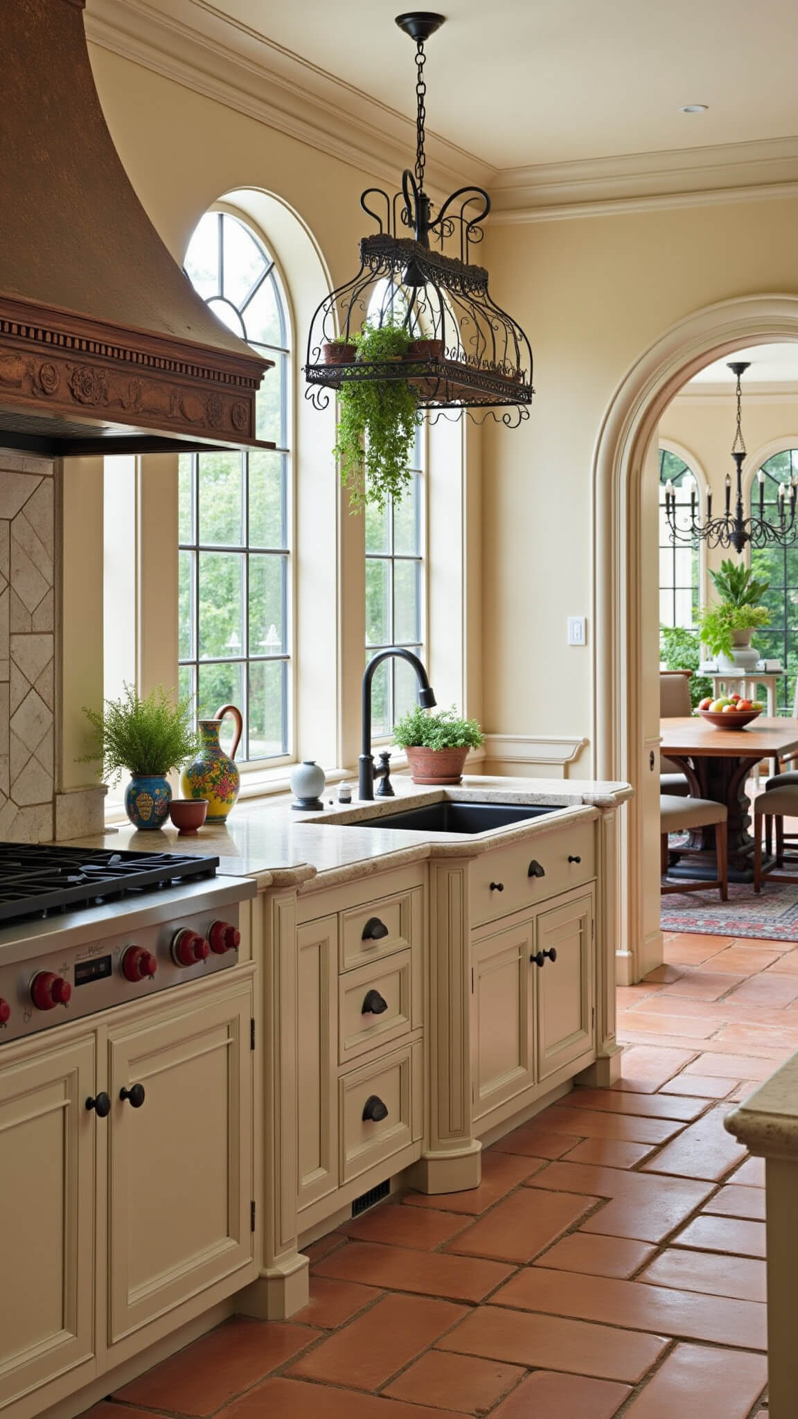 Mediterranean-style kitchen with textured beige cabinets, terracotta tiles, limestone island, and wrought iron pot rack under soft mid-morning light.