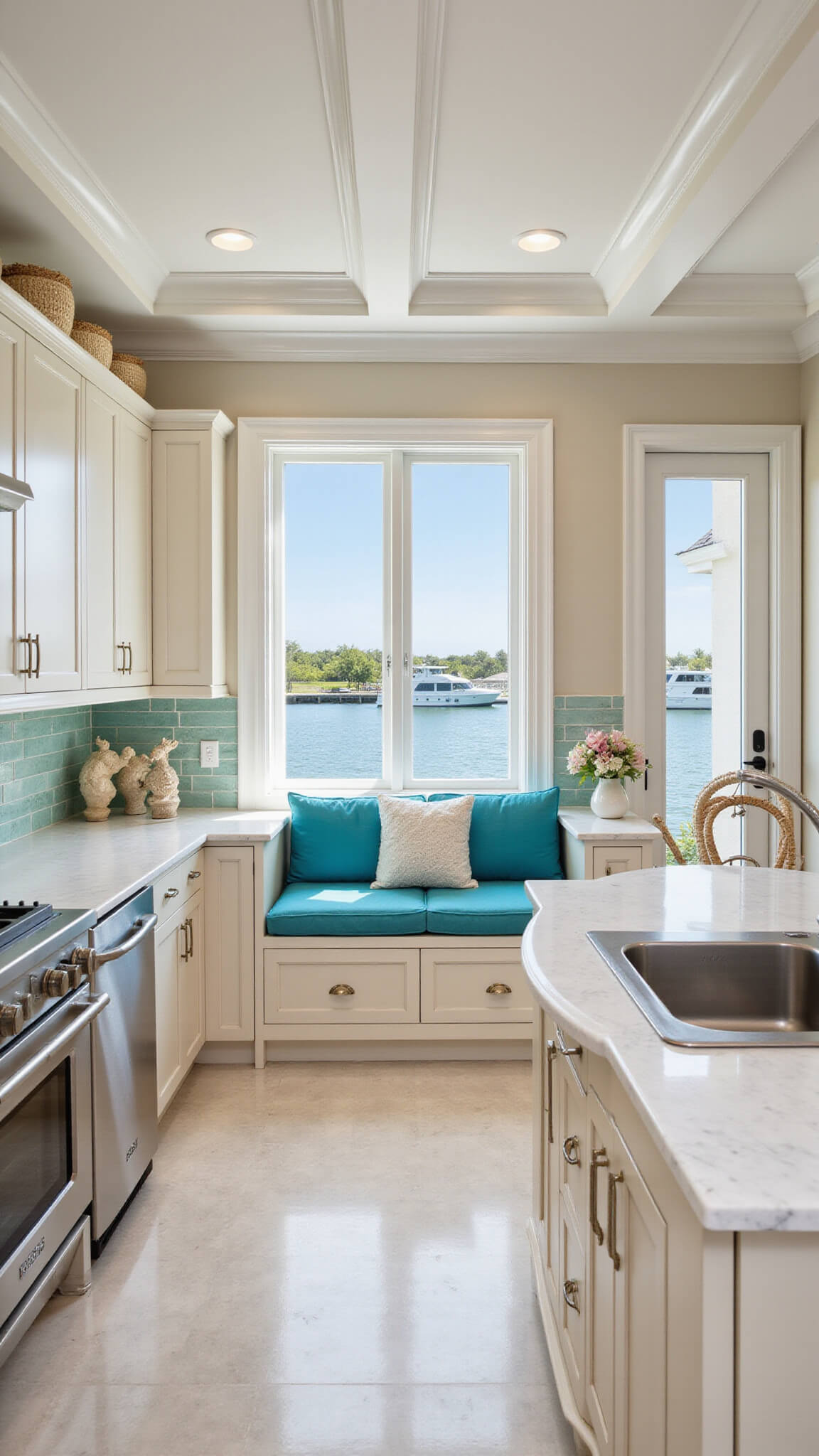 Overhead view of a coastal luxe kitchen with circular island, beige silk-finish cabinets, seafoam glass backsplash, Carrara marble counters, and azure-accented window seat.