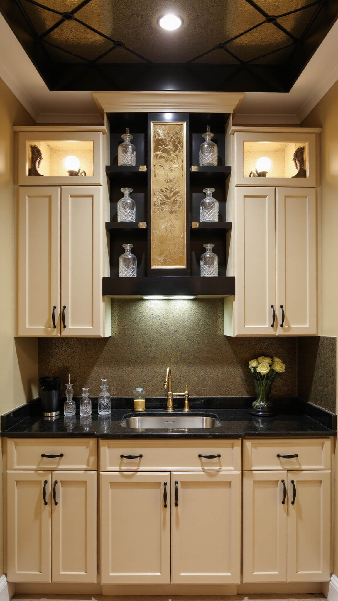 Art Deco revival kitchen with champagne beige cabinets, black geometric overlays, mirrored inserts, metallic wallpaper, brass lighting, and theatrical evening lighting.