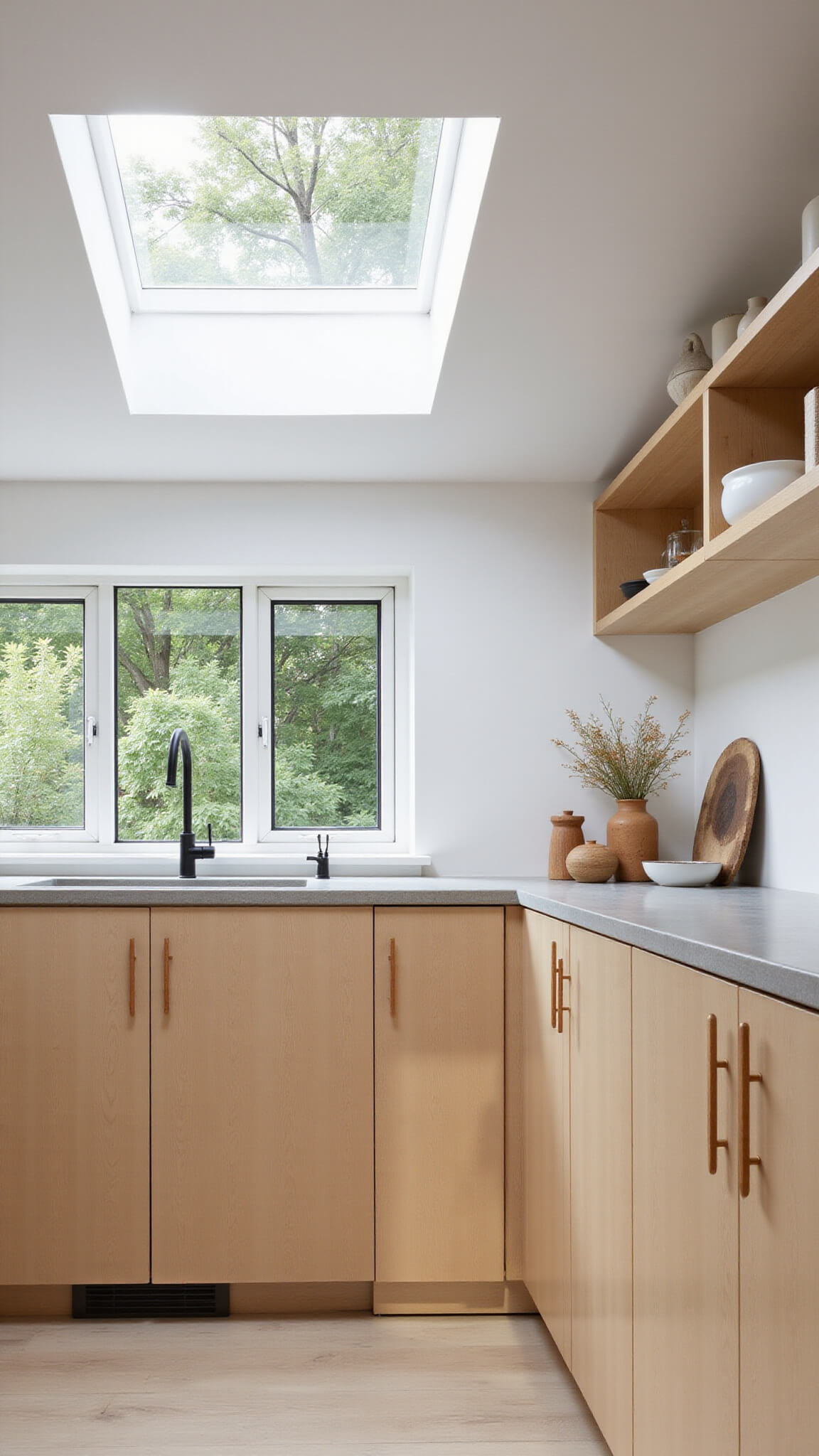 Scandinavian-inspired kitchen with warm beige flat-panel cabinets, concrete countertops, and pale ash open shelving, bathed in soft early morning light through clerestory windows.