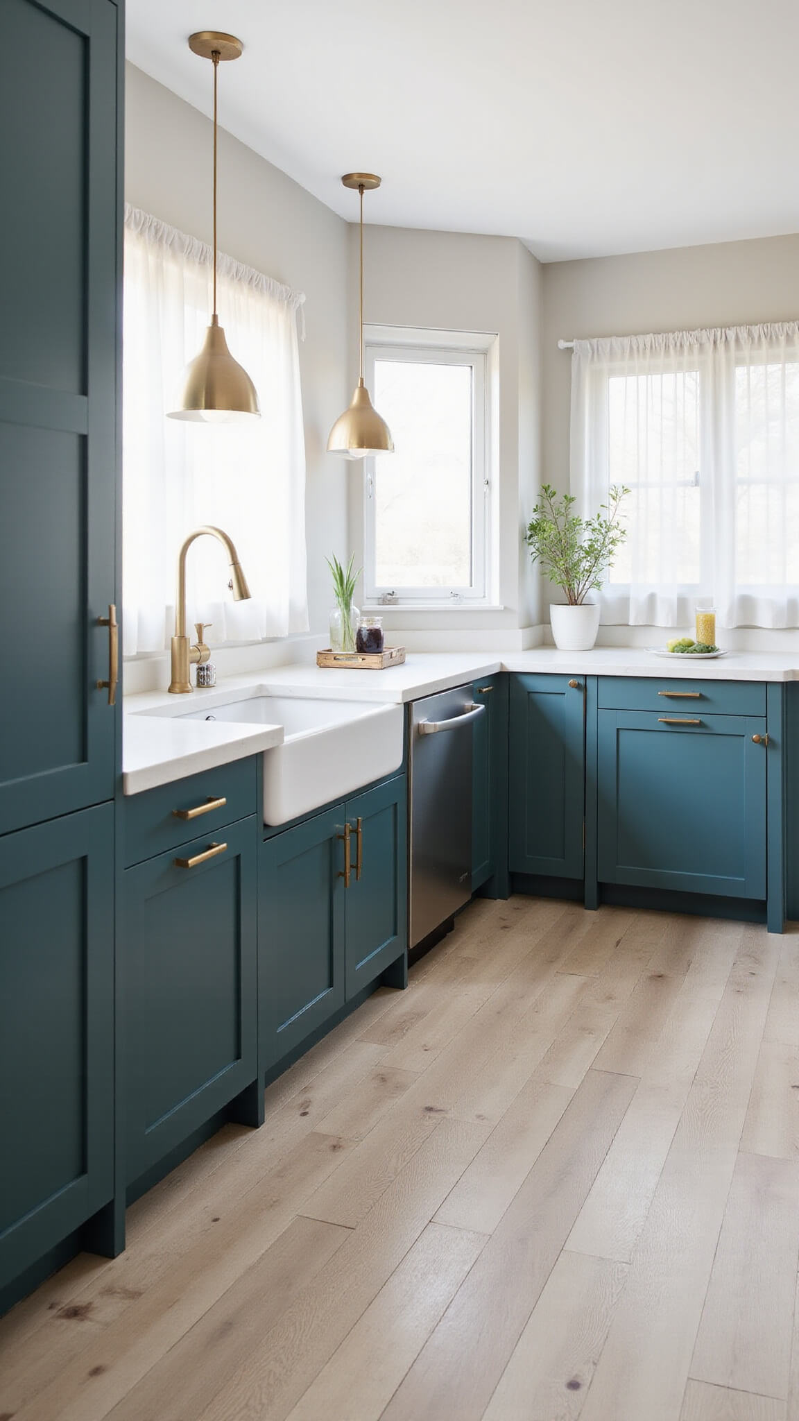 Modern minimalist kitchen with dark teal cabinets, white quartz island, brushed gold pendant lights, and morning sunlight filtering through sheer curtains.
