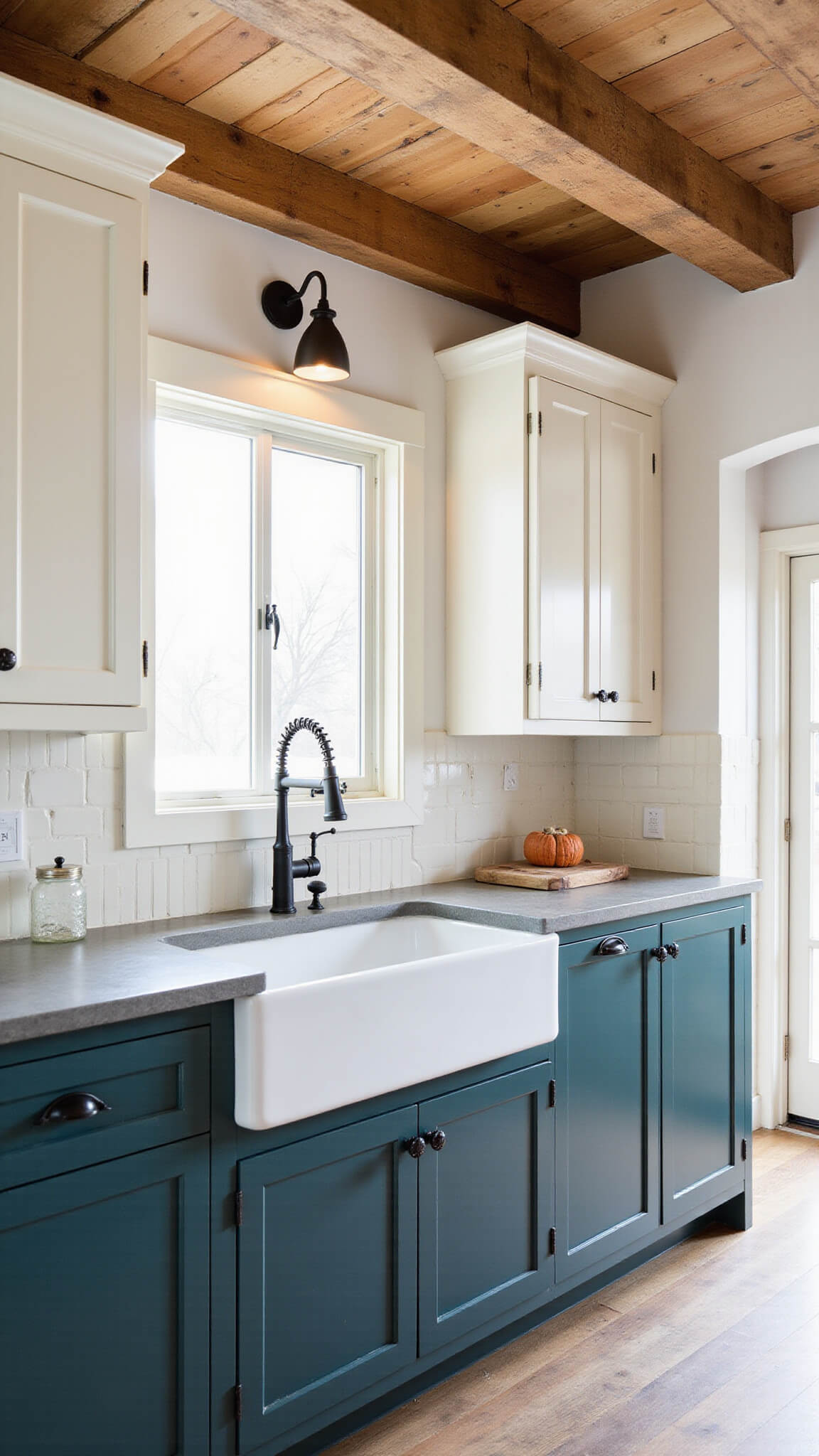 Modern farmhouse kitchen with deep teal lower cabinets, white upper cabinets, exposed wooden beams, soapstone counters, fireclay farmhouse sink, and vintage copper accents under soft mid-morning light.