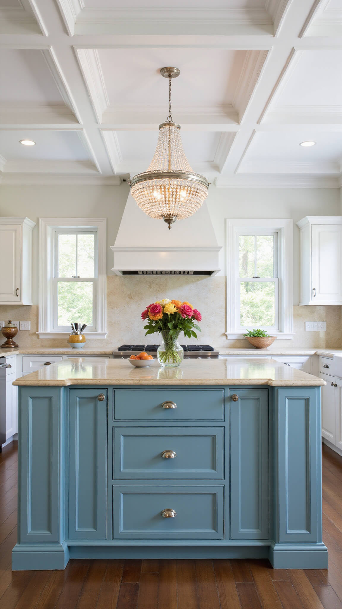 Traditional 22x16ft kitchen with coffered ceiling, teal cabinets, Calacatta marble, and crystal chandelier, viewed from island showcasing symmetrical design.