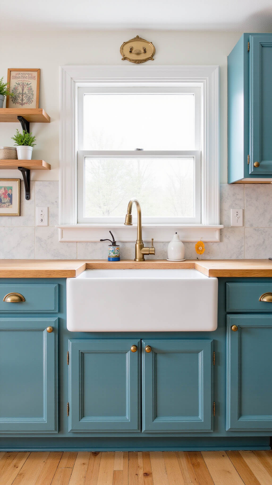 Low-angle view of a budget-friendly 14x12ft kitchen with teal Behr Nocturne Blue cabinets, brass hardware, butcher block counters, white appliances, marble peel-and-stick backsplash, potted herbs, and vintage art prints in bright afternoon window light.