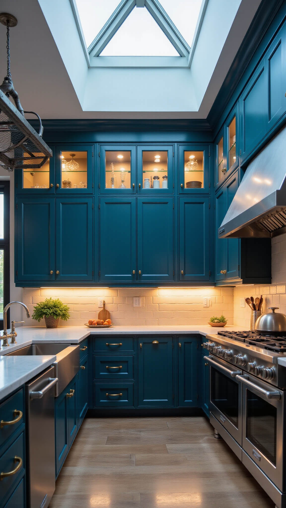Overhead view of a professional chef's kitchen with deep maritime teal cabinets, stainless steel counters and appliances, glass-front upper cabinets, and dramatic evening lighting.