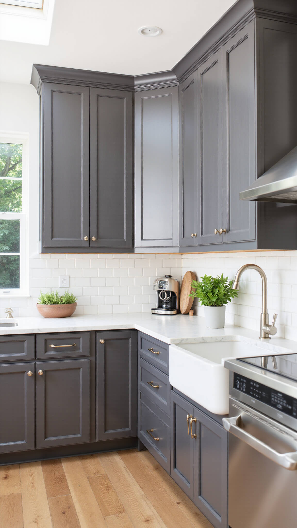 L-shaped kitchen with charcoal-gray cherry cabinets, skylight light, white subway tile backsplash, stainless appliances, and marble lazy Susan.