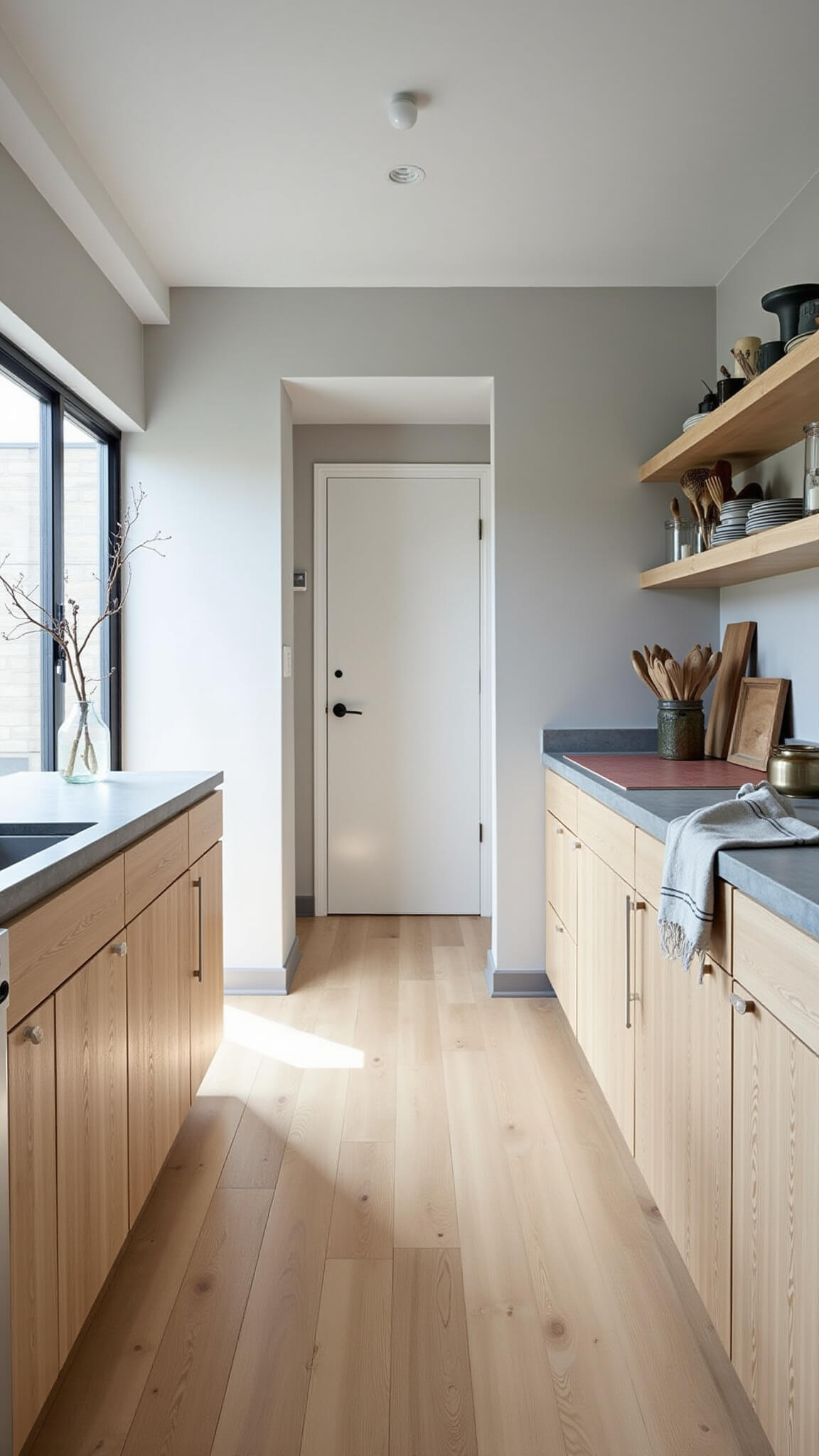 Minimalist 8x14ft galley kitchen with pine-stained cabinets, concrete countertops, floating shelves with ceramics, and Scandinavian decor in soft morning blue hour light.