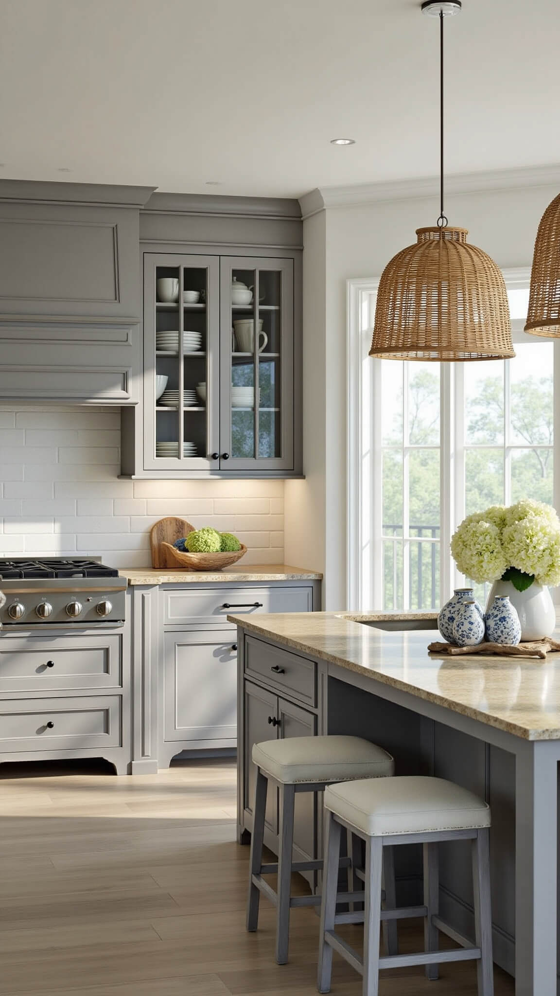 Coastal kitchen with thunder blue-gray oak cabinets, whitewashed shiplap walls, glass-front uppers, sandy granite countertops, rattan pendants, and blue-and-white coastal decor.