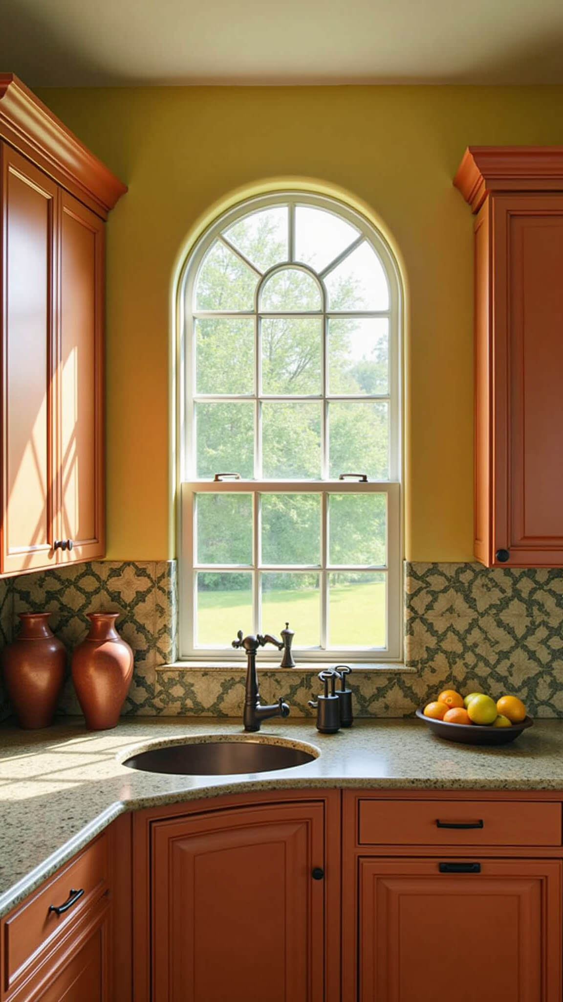 Mediterranean-style kitchen with terracotta-stained cabinets, arched window, patterned backsplash, and vintage copper accents in warm afternoon light.