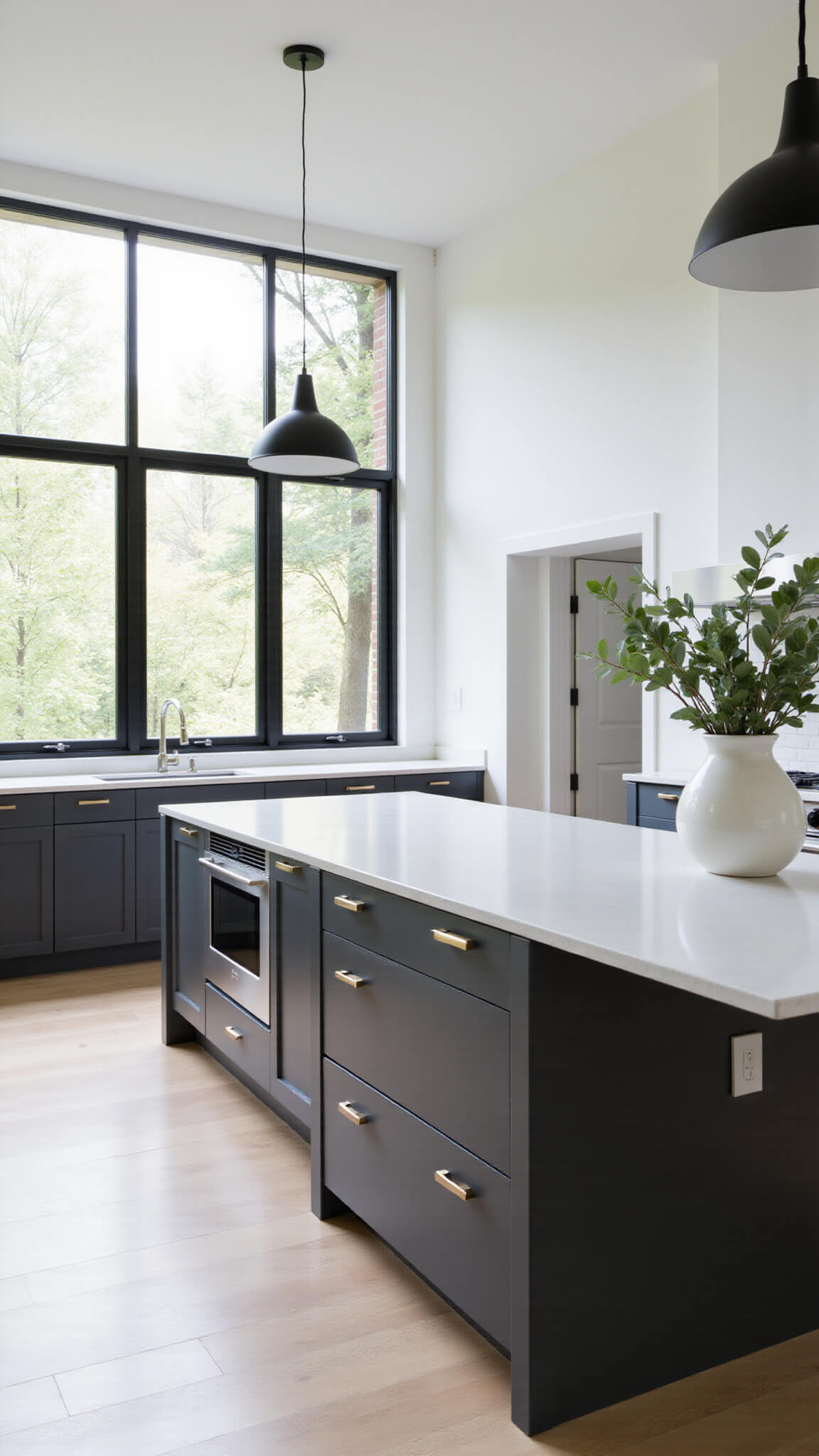 Modern minimalist kitchen with Iron Ore cabinets, white quartz countertops, waterfall island, and floor-to-ceiling windows streaming morning light.