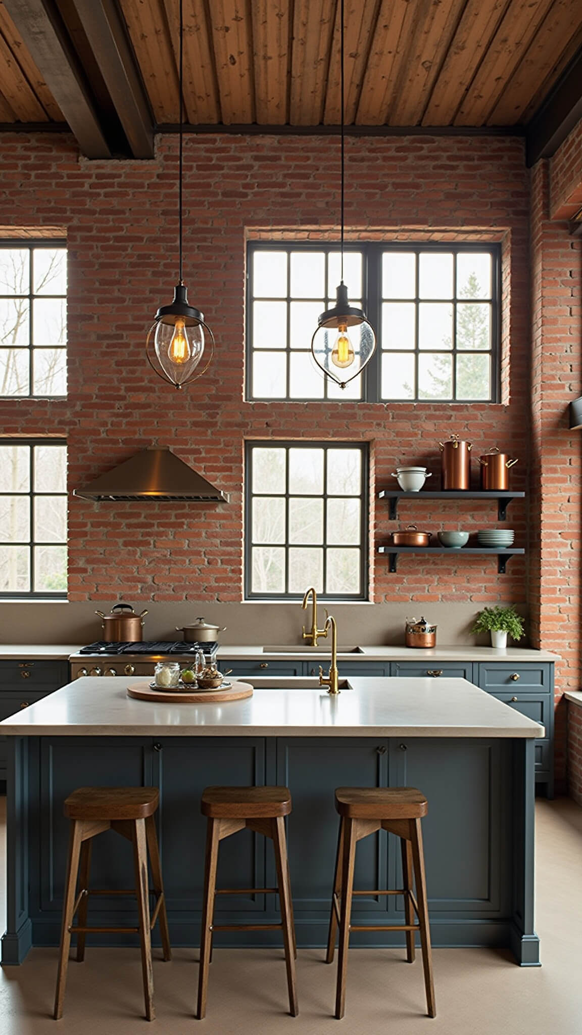 Industrial chic kitchen with Iron Ore cabinets, exposed brick wall, steel beams, and brass accents, lit by golden hour light through factory windows.