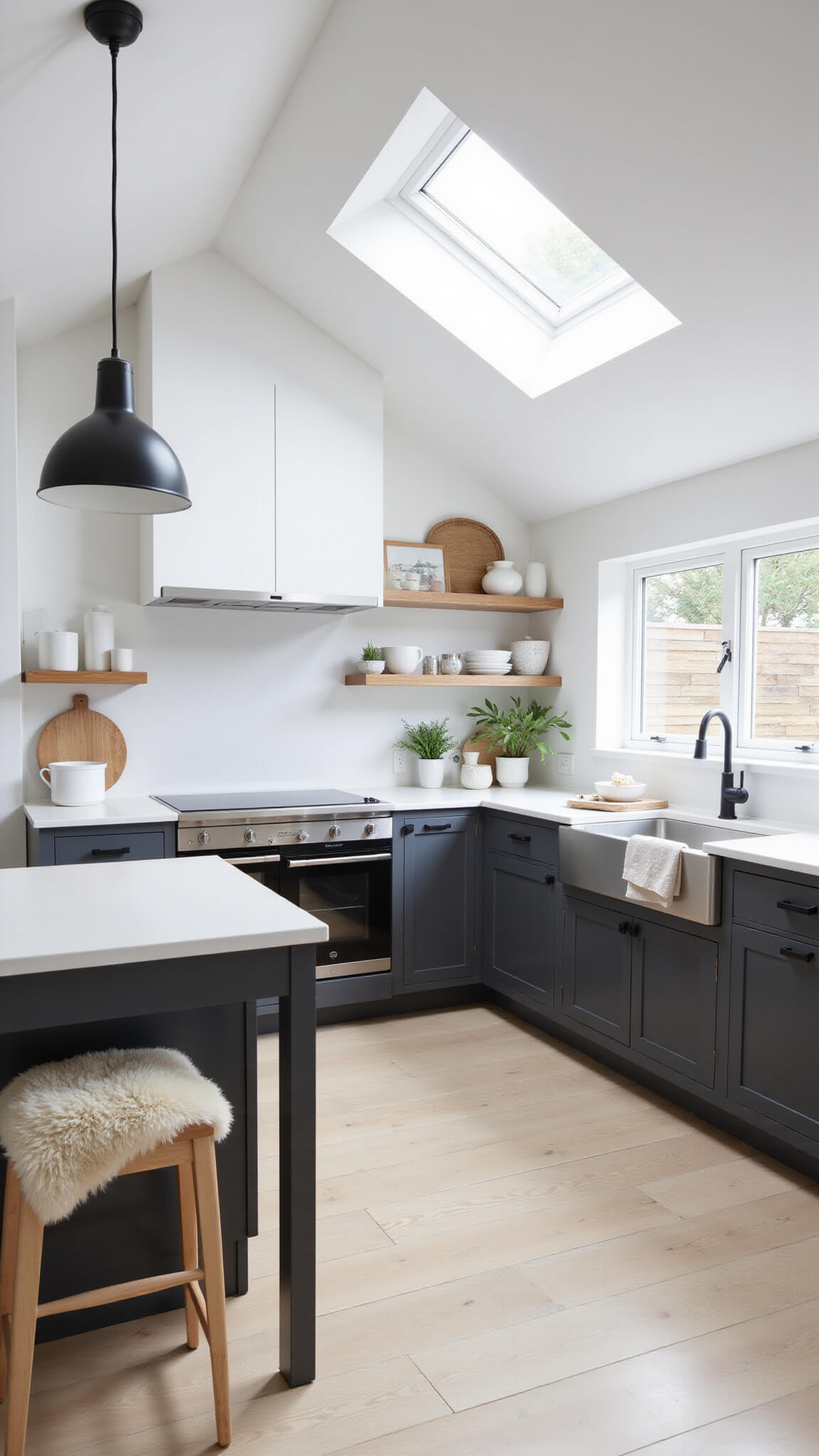 Bright Scandinavian kitchen with Iron Ore lower cabinets, white uppers, pale oak floors, and skylights; styled with white ceramics, wooden accents, and a sheepskin-draped stool.