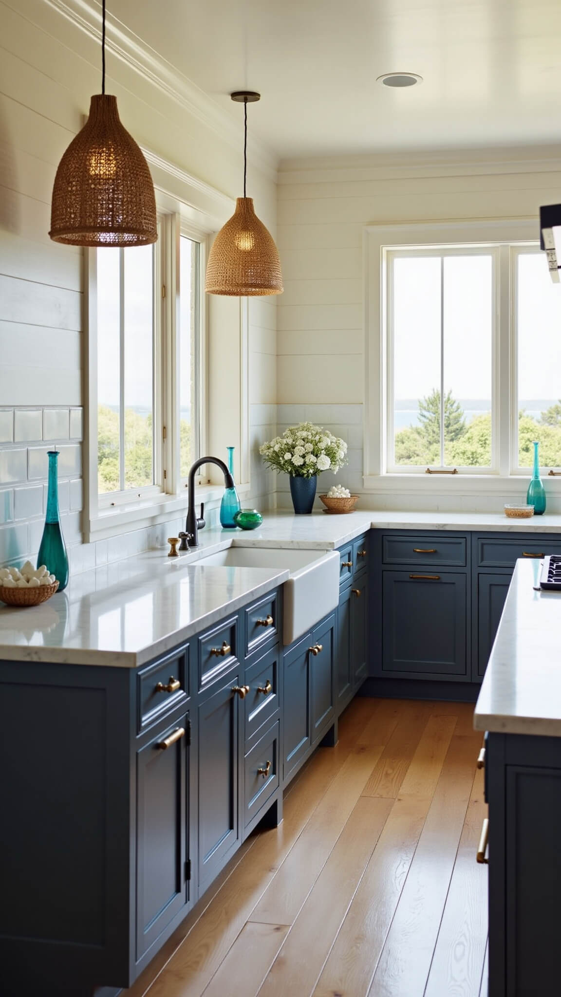 Coastal kitchen with Iron Ore cabinets, marble countertops, white subway tile backsplash, ocean view, shiplap accent wall, and rattan pendant lights styled with blue vases, white coral, and natural baskets in early morning light.