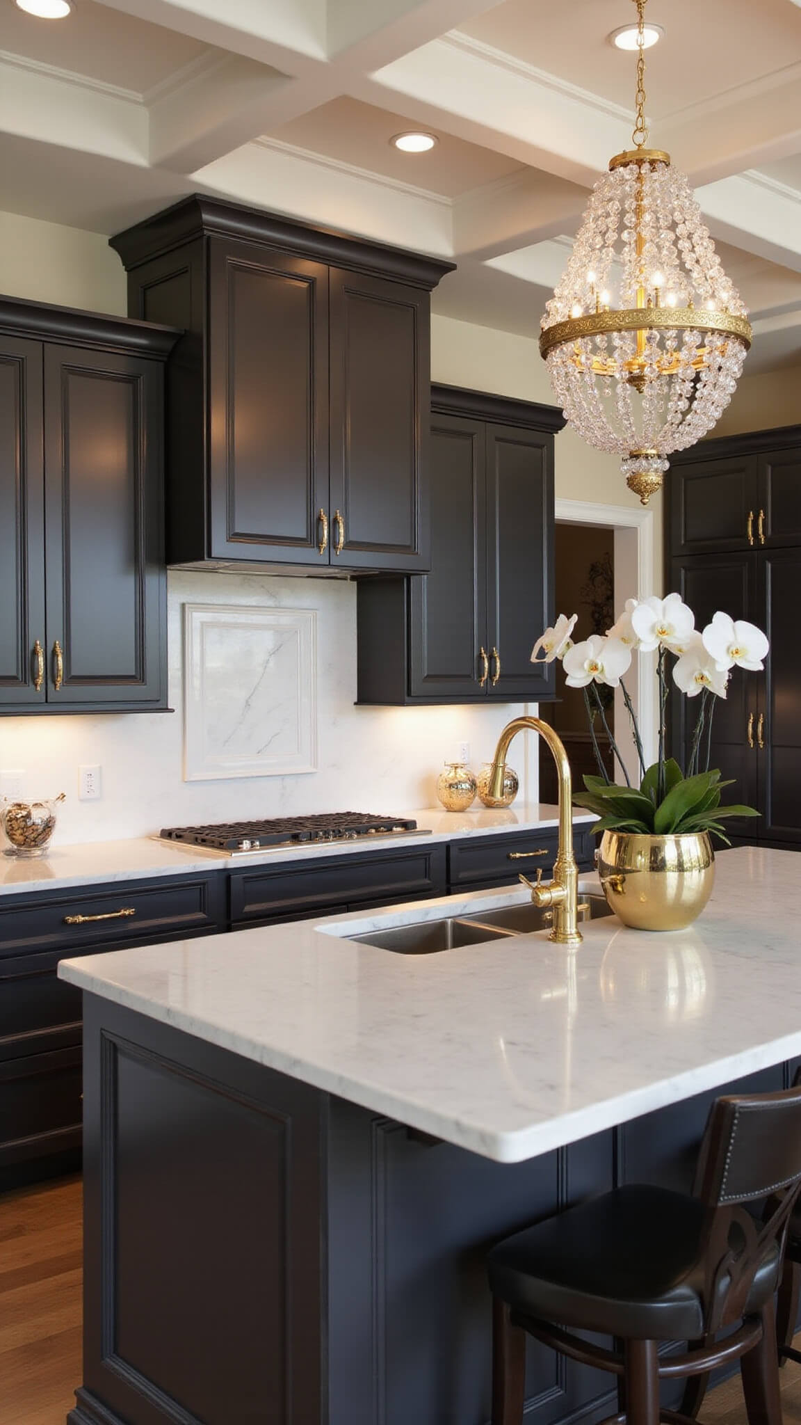 Luxurious 14x16ft kitchen with Iron Ore cabinets, gold hardware, Calacatta marble surfaces, coffered ceilings, crystal chandelier, and ambient evening lighting.