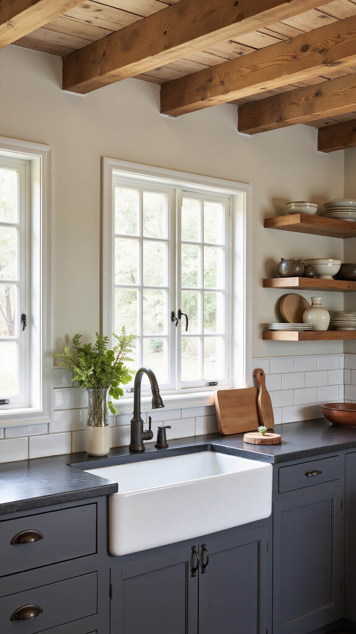 Rustic 18x22ft farmhouse kitchen with reclaimed wooden beams, Iron Ore cabinets, soapstone counters, white farmhouse sink, and vintage decor in warm wood and sage tones.