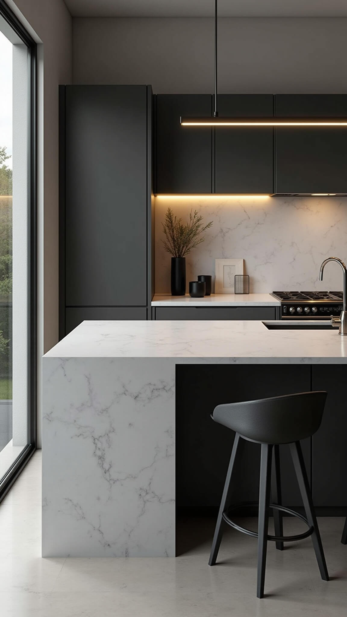Modern 16x18ft kitchen with Iron Ore cabinets, quartz waterfall island, floor-to-ceiling windows, and dusk lighting.