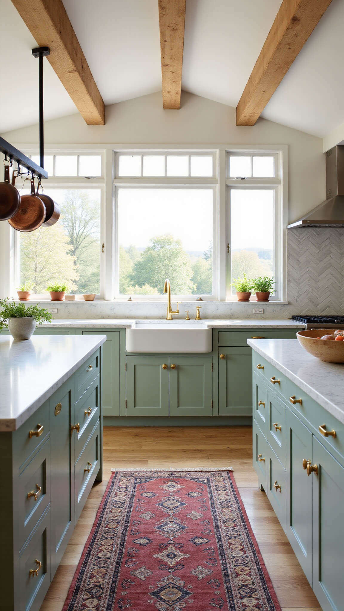 Modern kitchen with sage green Shaker cabinets, white quartz countertops, vaulted ceiling with wooden beams, floor-to-ceiling windows, copper pots, and vintage rug.