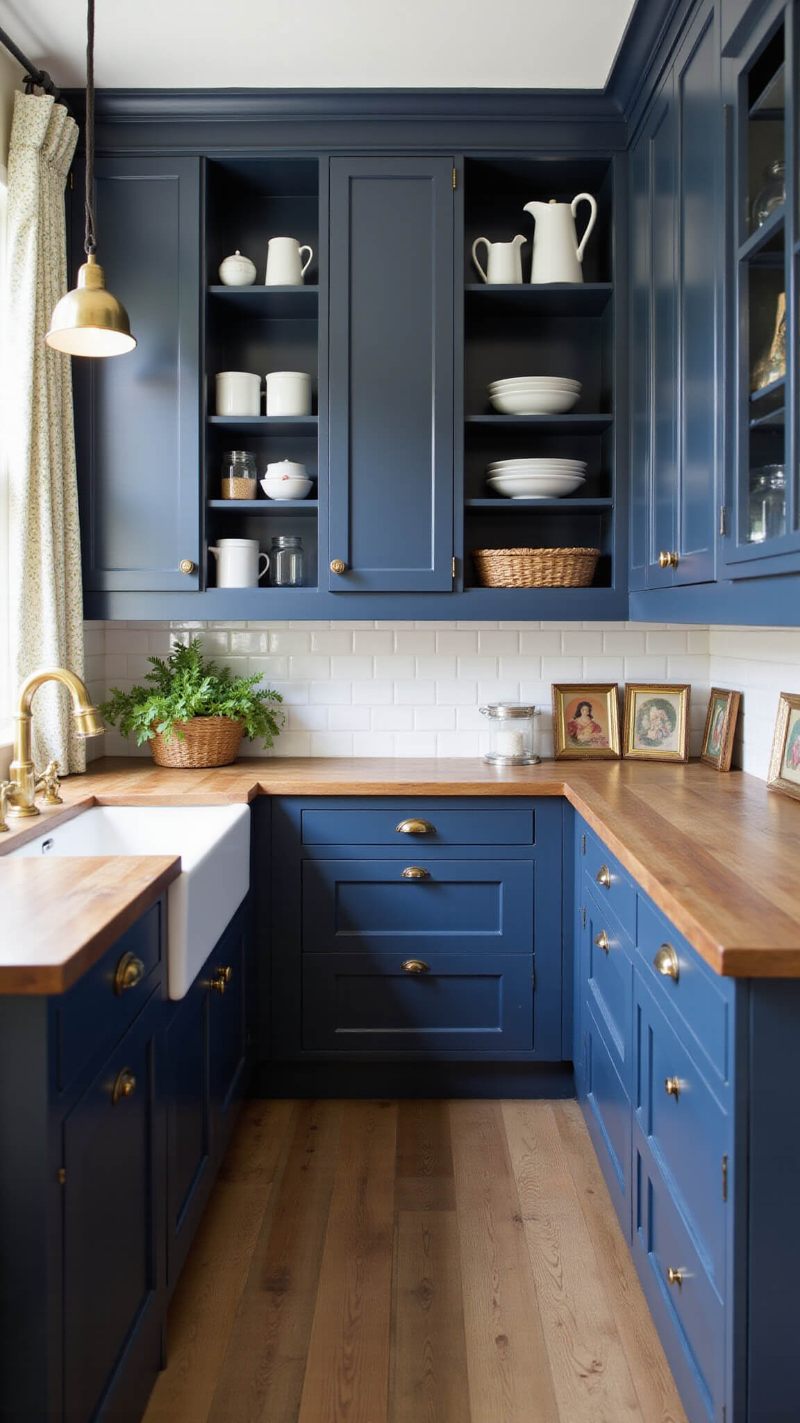 Navy blue galley kitchen with brass hardware, white subway tile, butcher block countertops, and open shelves holding white ceramics; afternoon light through cafe curtains adds a warm glow.